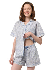 women blue floral woven cotton pajama set front white background