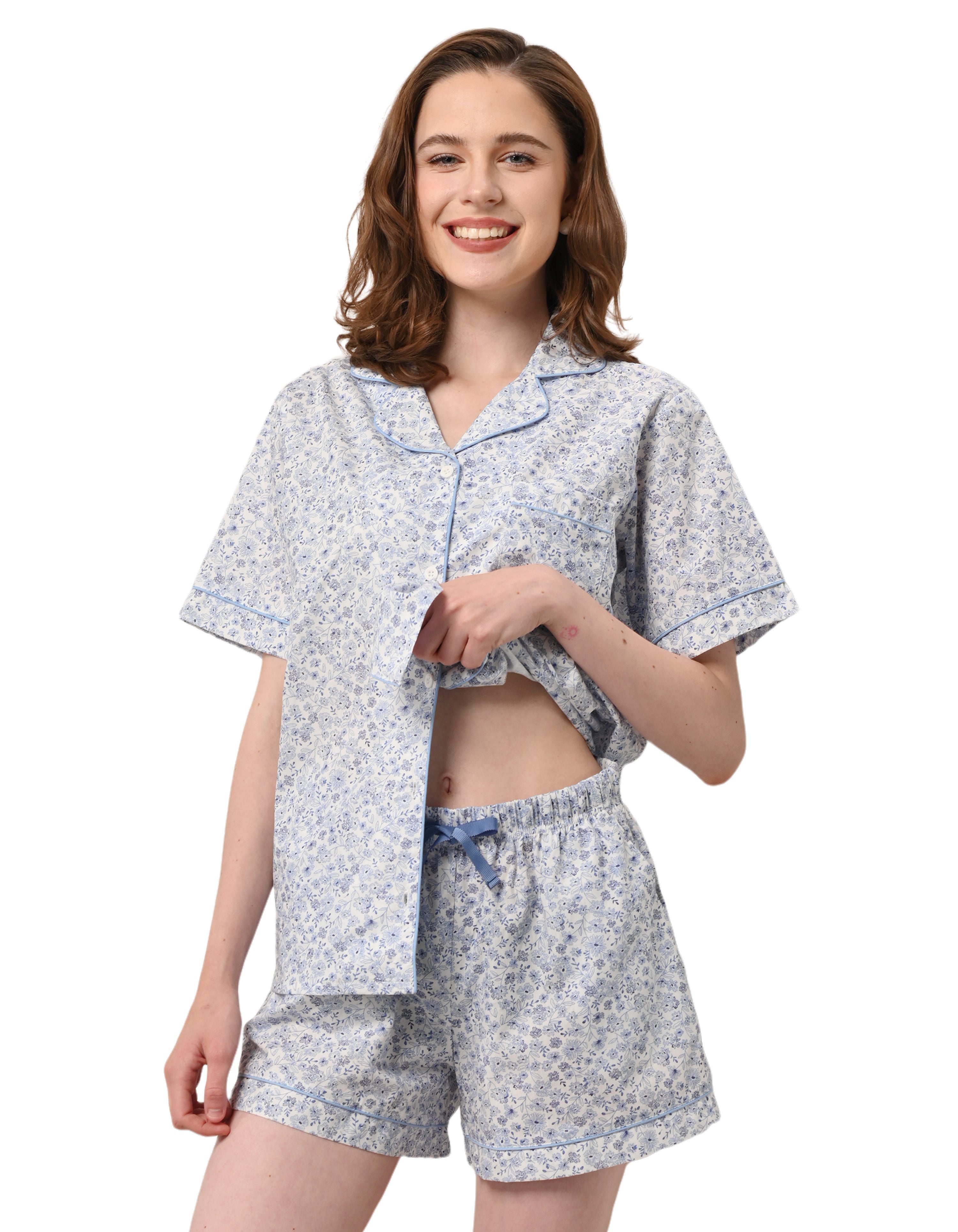 women blue floral woven cotton pajama set front white background