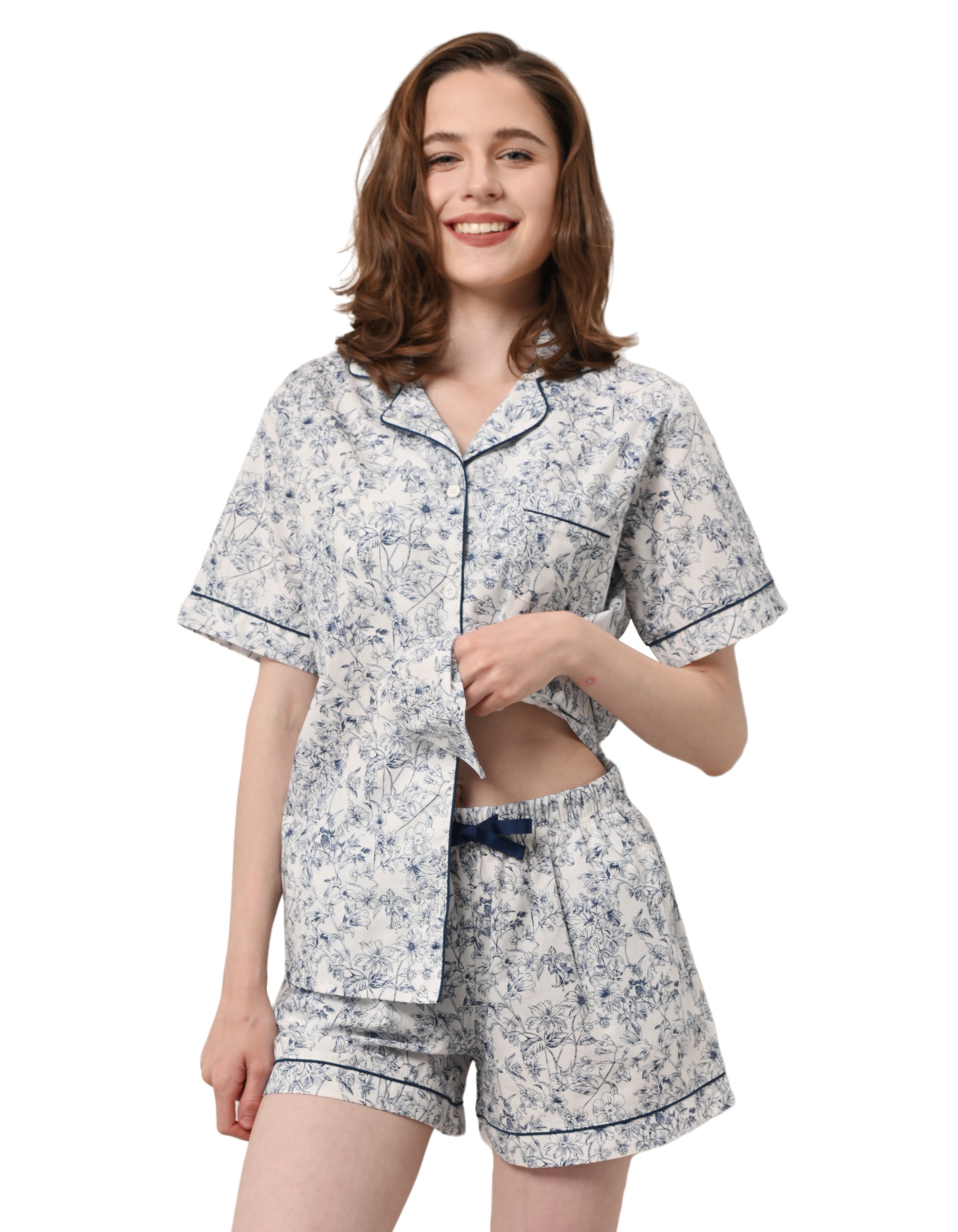 Women blue floral woven cotton pajama set front view on white background