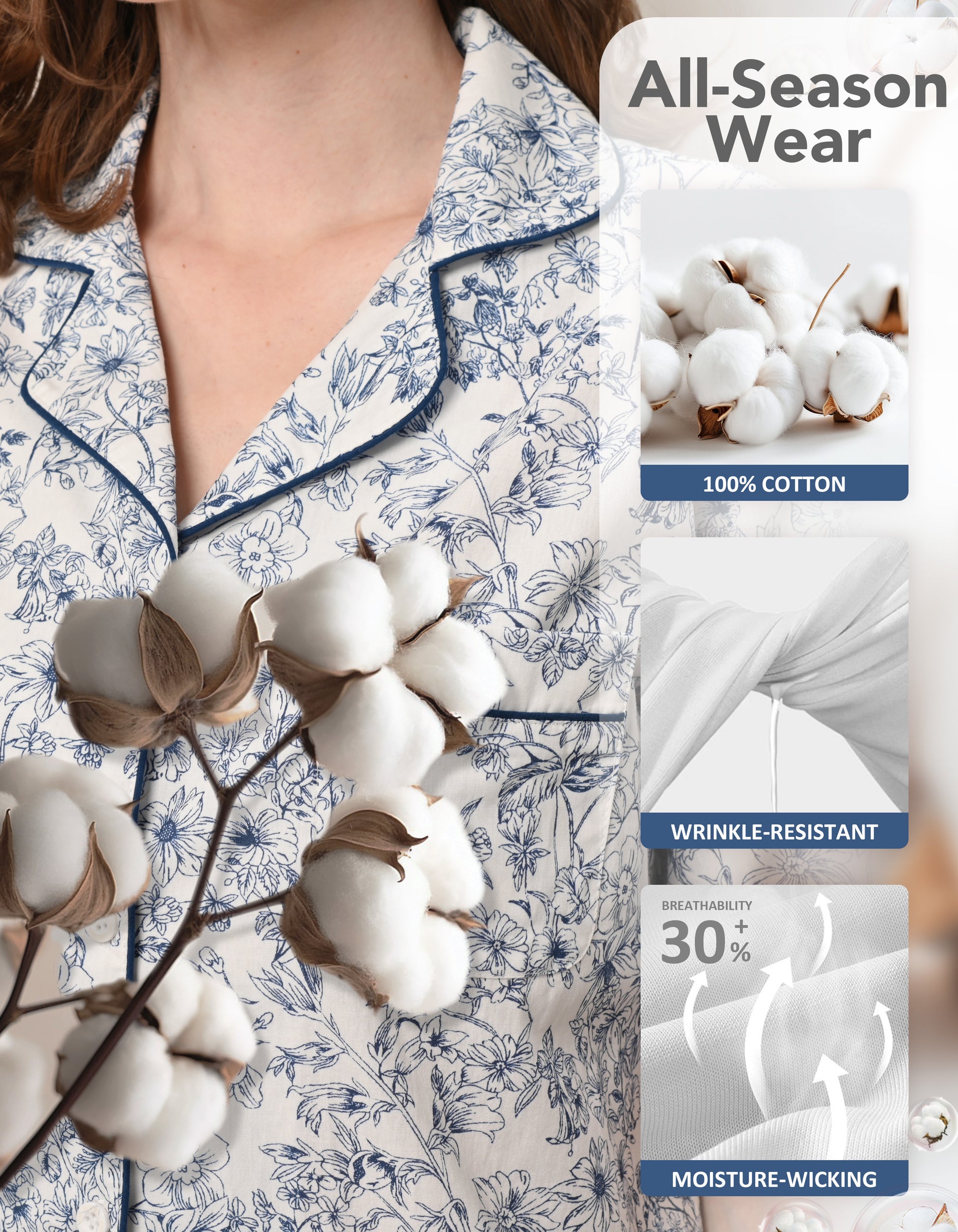 Close-up of blue floral woven cotton pajama fabric showing breathable lightweight texture