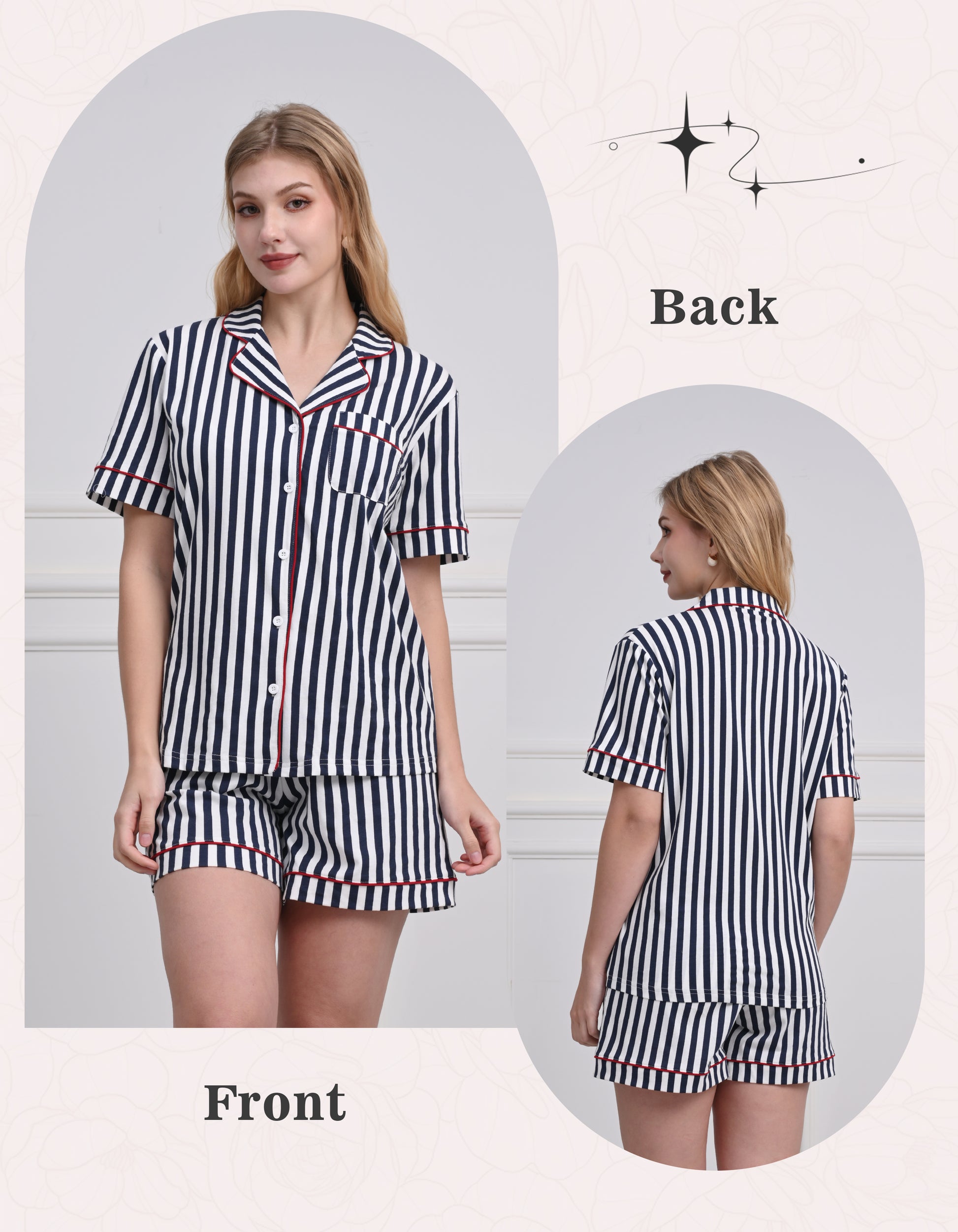 Front and back view of blue and white stripe women’s pajama set