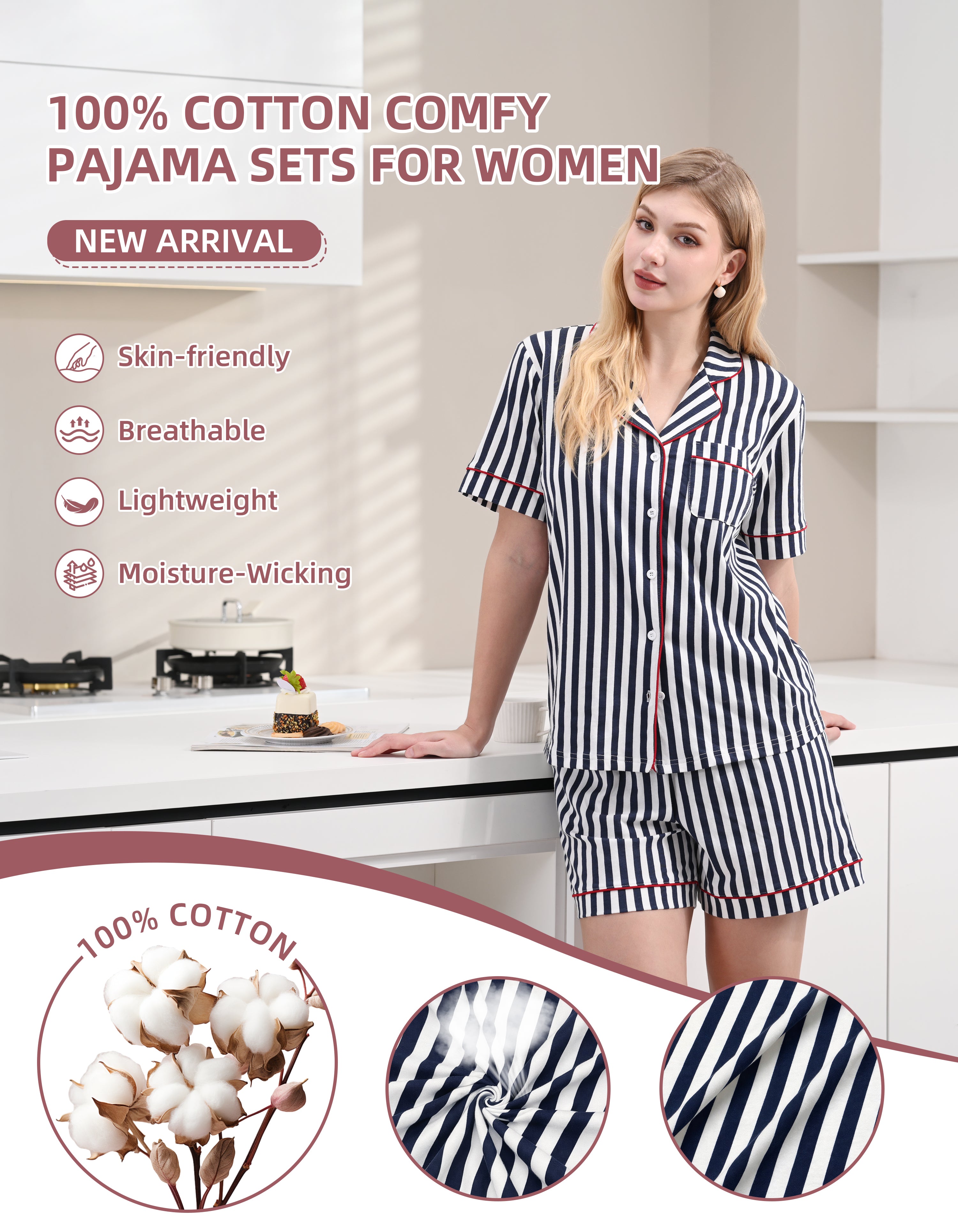 Blue stripe pajama set featuring red piping trim and button-down design