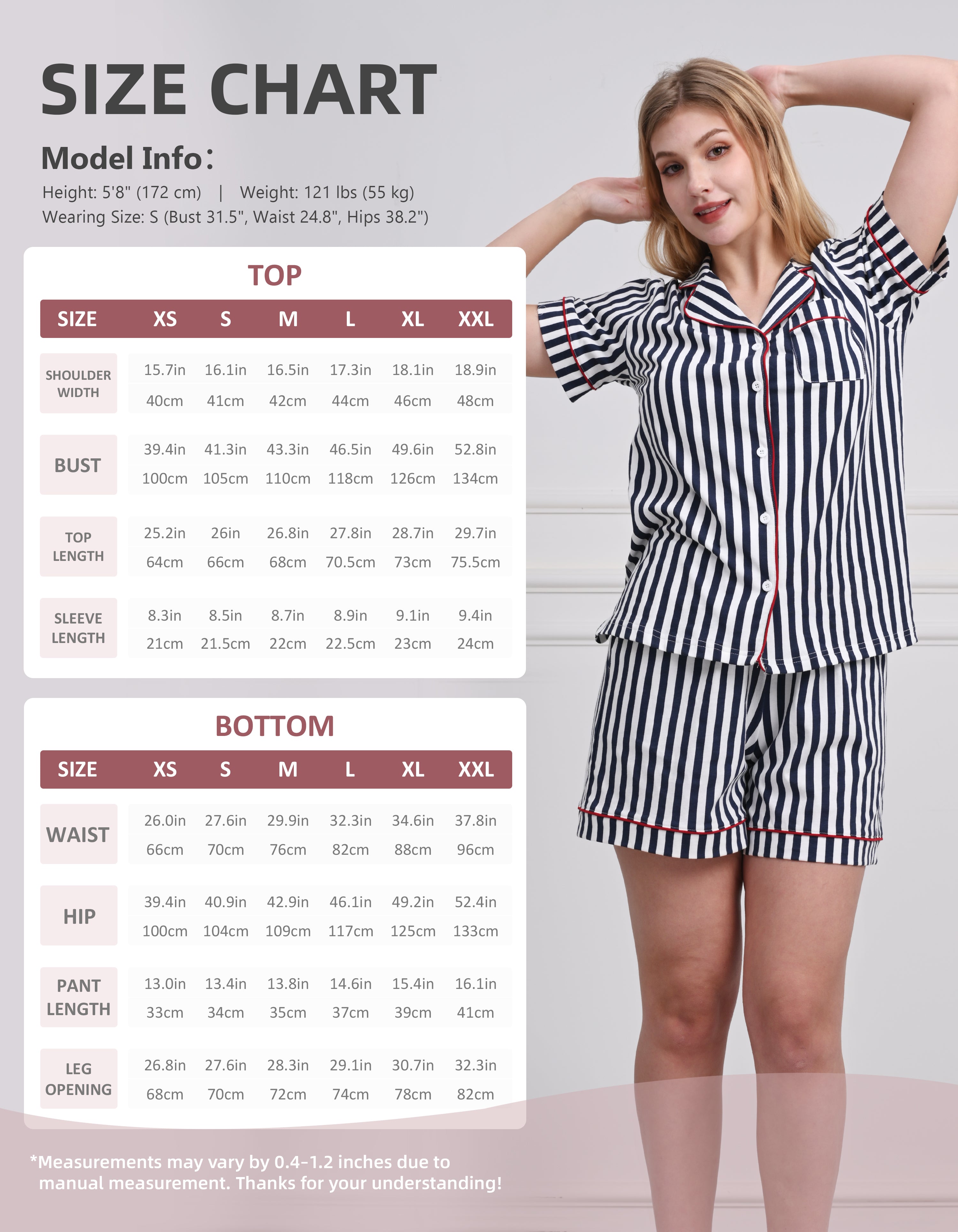 Size chart for women’s blue stripe cotton pajama set