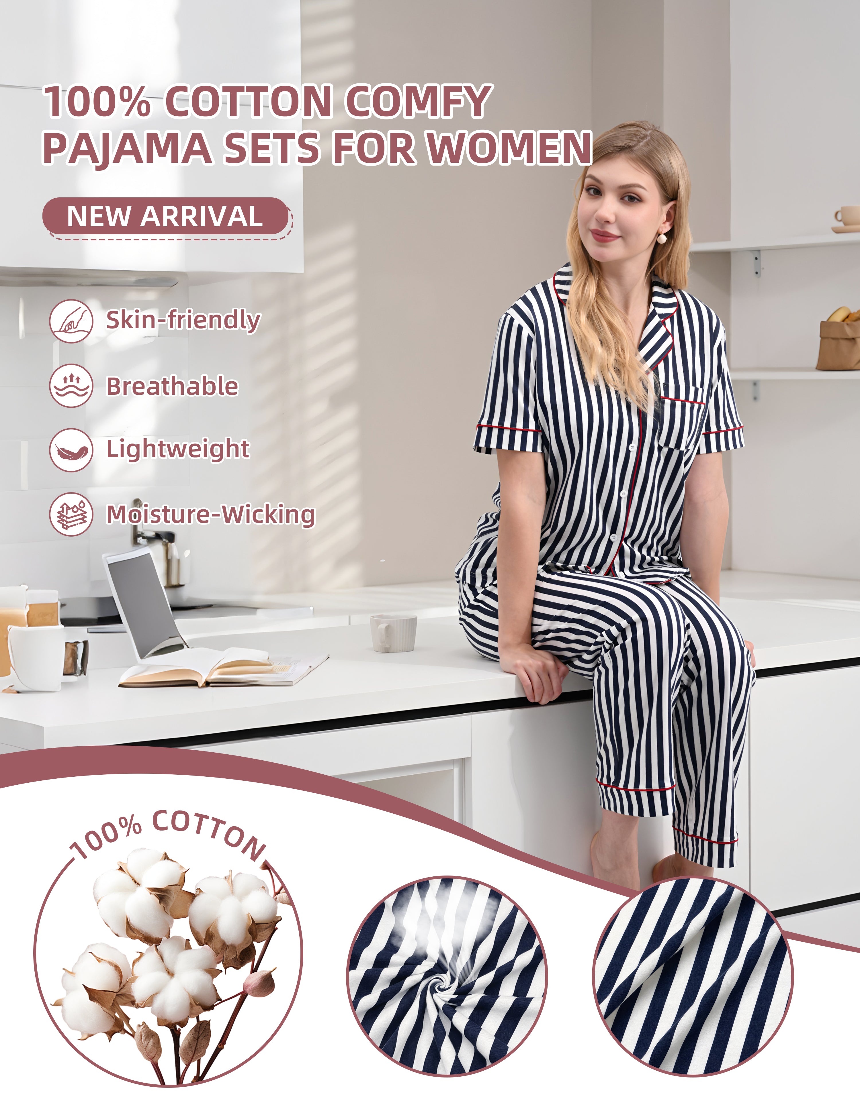 Close up of blue and white vertical stripe 100 percent knit cotton fabric