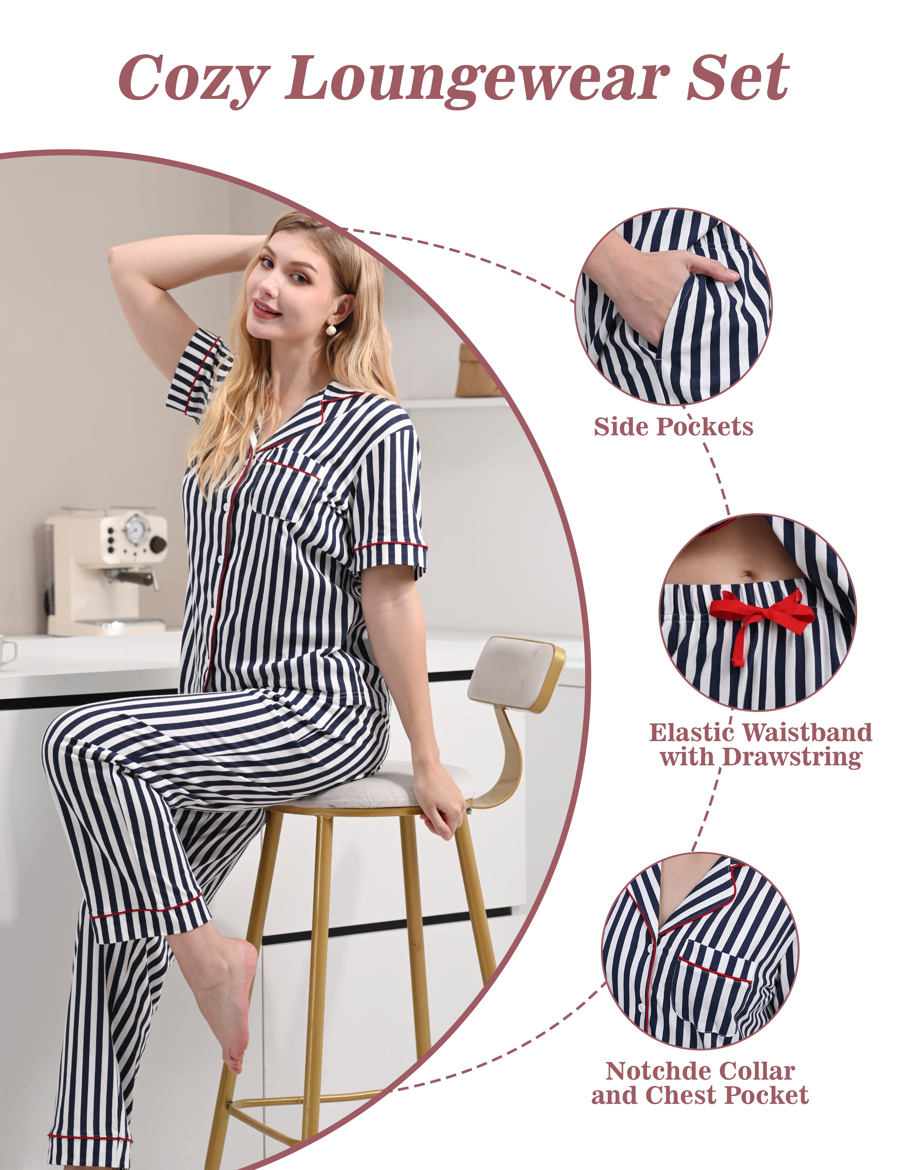 Blue and white stripe pajama set with notched collar elastic waistband and side pockets