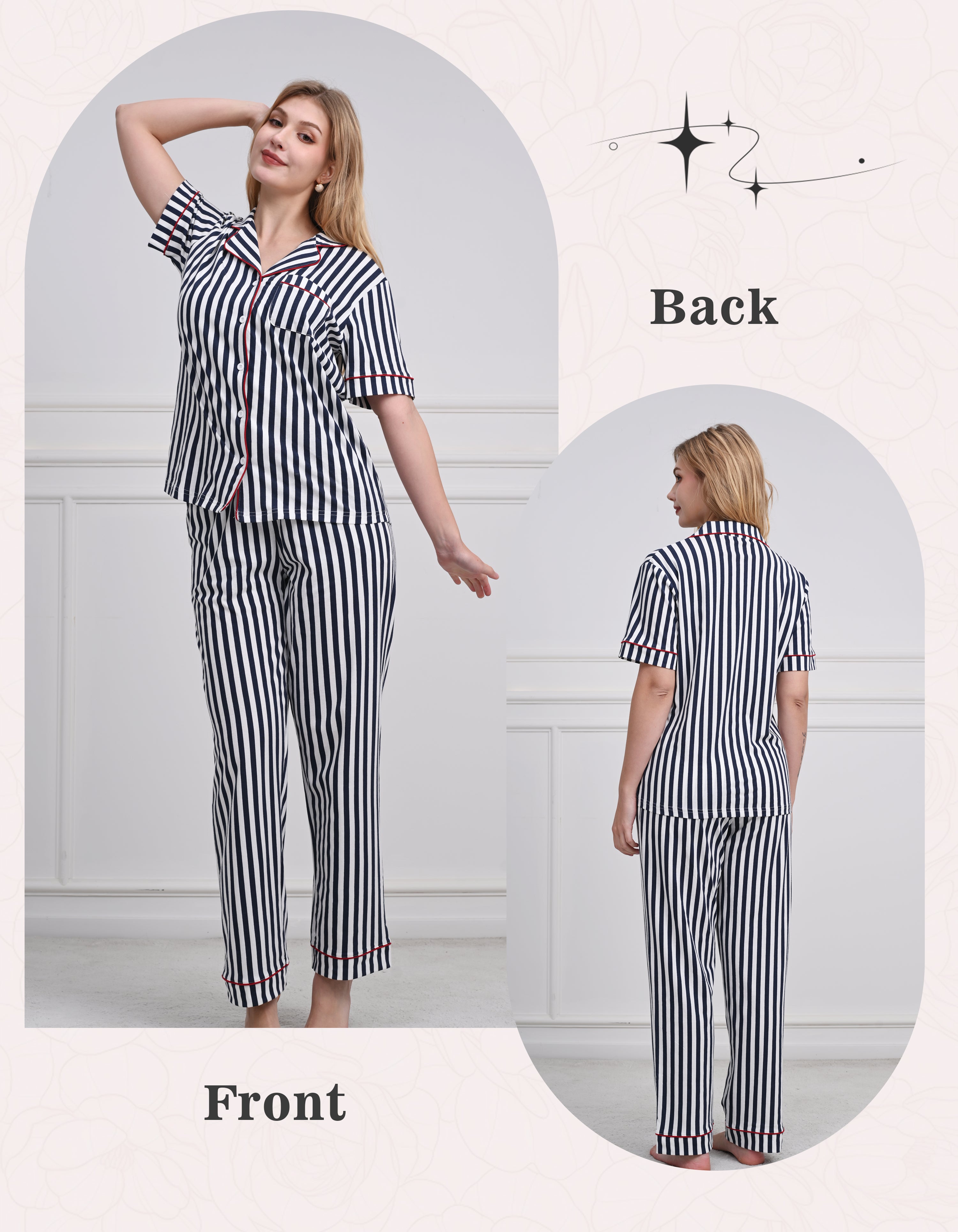 Front and back view of women blue white stripe short sleeve pajama set