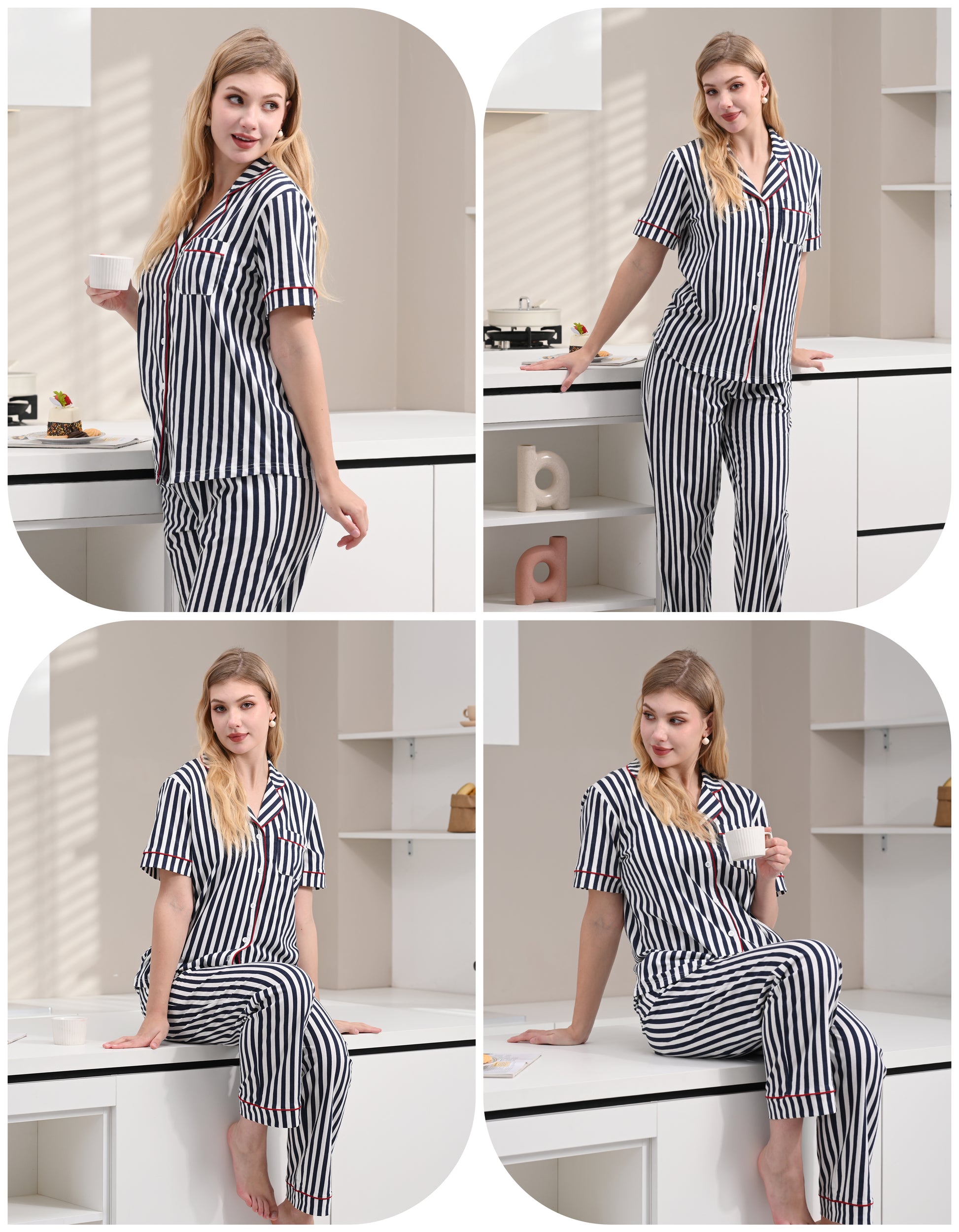 Model wearing blue and white stripe cotton pajama set relaxing at home