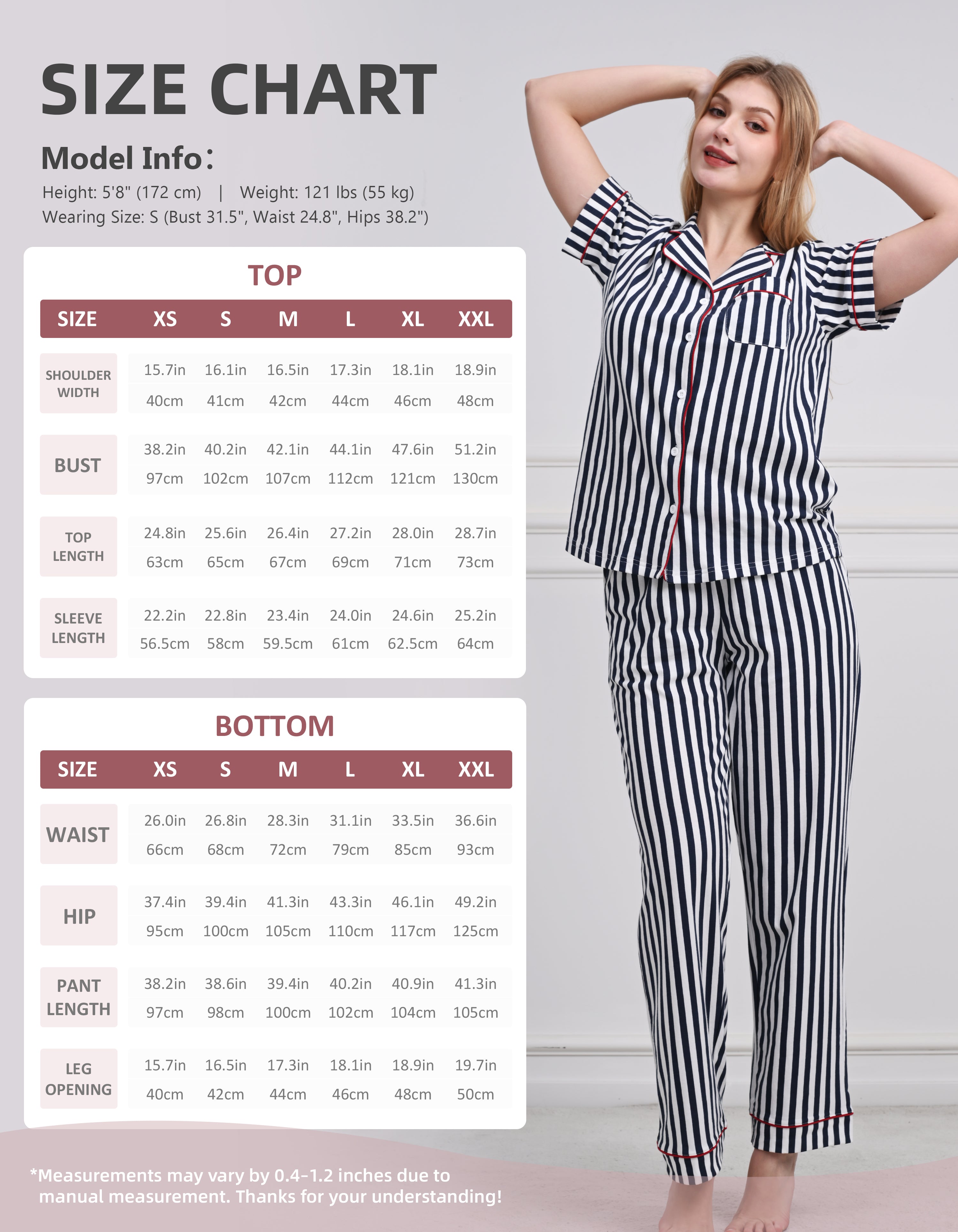 Size chart for women blue white stripe cotton pajama set
