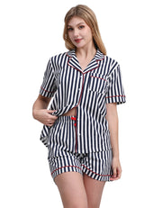 Blue and white vertical stripe cotton pajama set with red trim front view