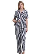 Women’s blue and white vertical stripe cotton pajama set short sleeve front view