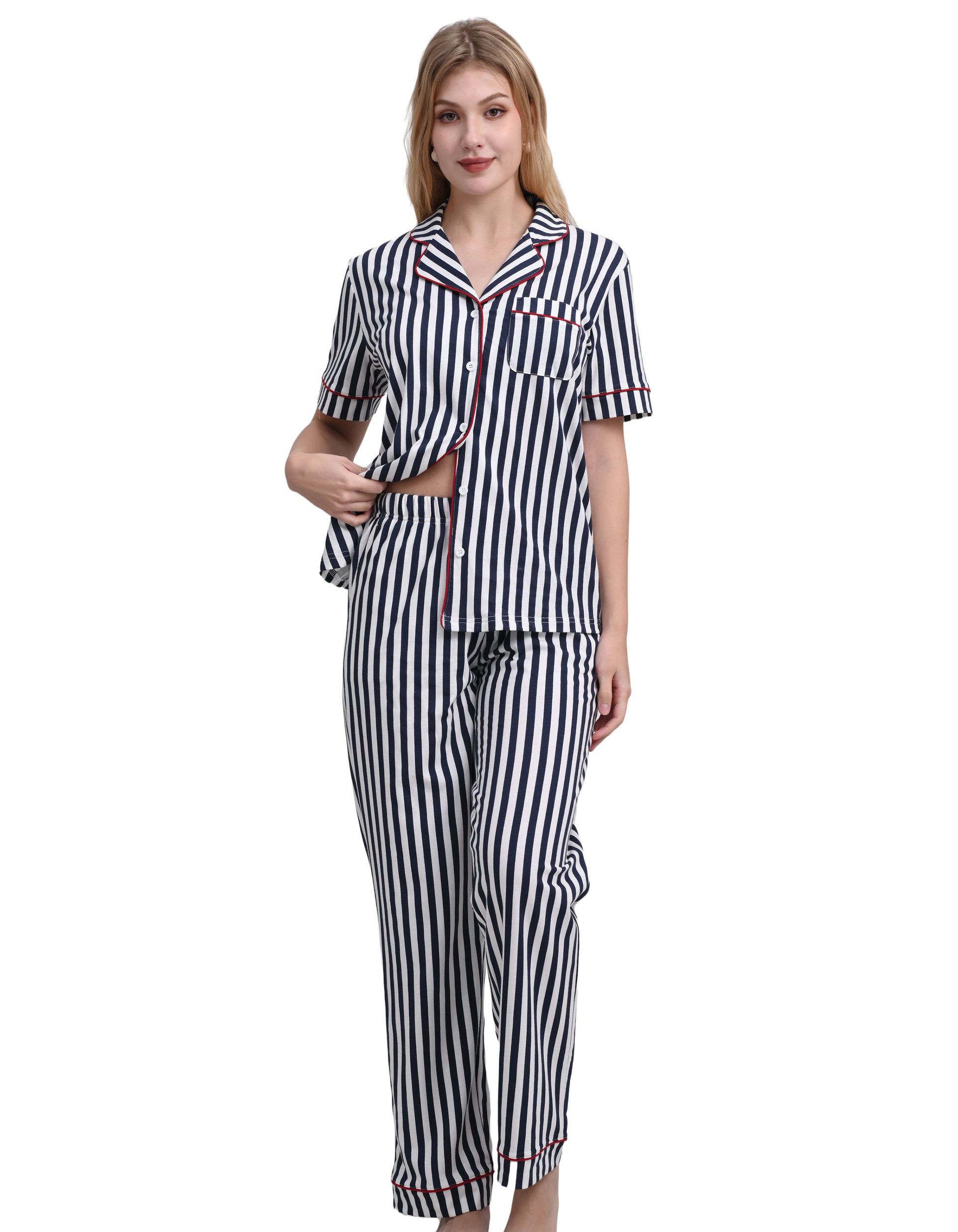 Women’s blue and white vertical stripe cotton pajama set short sleeve front view