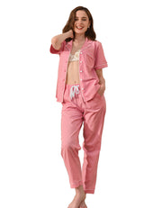 Blush pink knit cotton women’s pajama set front view on white background