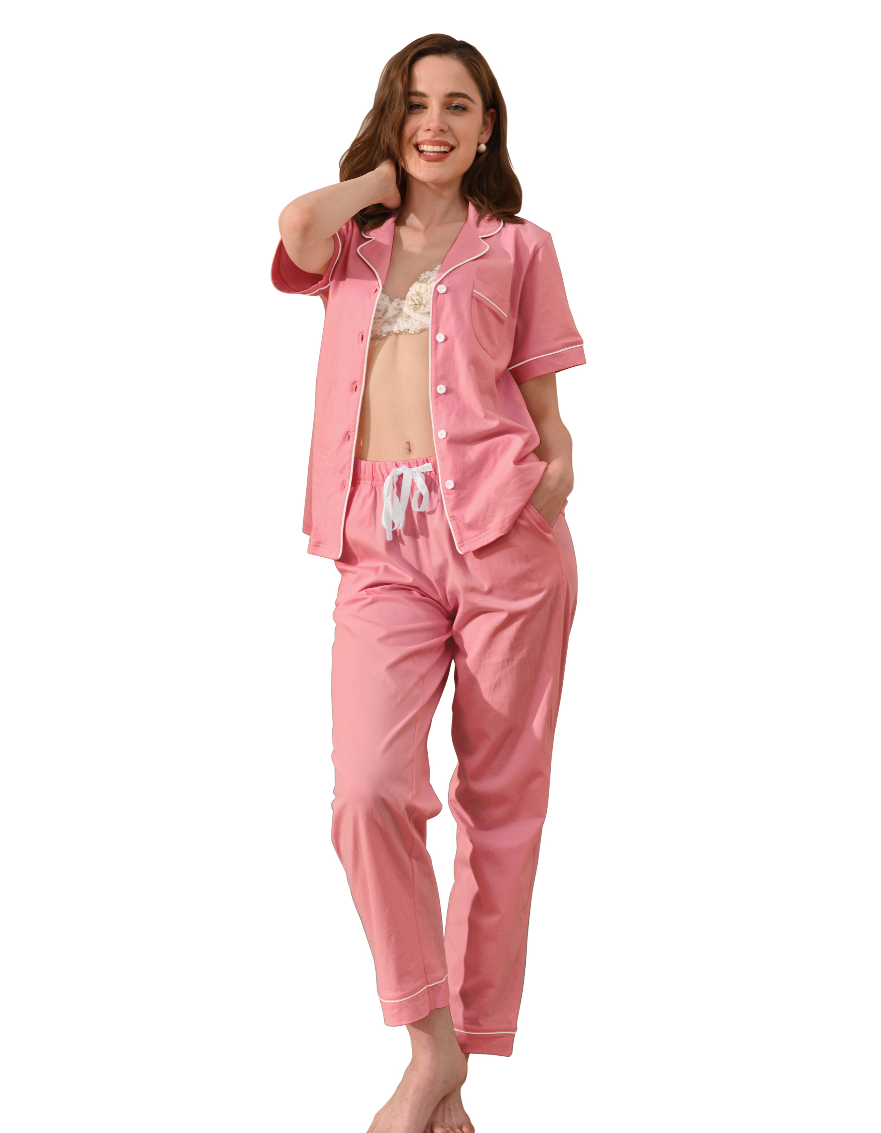 Blush pink knit cotton women’s pajama set front view on white background