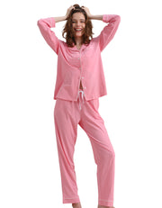 Blush pink solid women’s knit cotton pajama set front view on white background