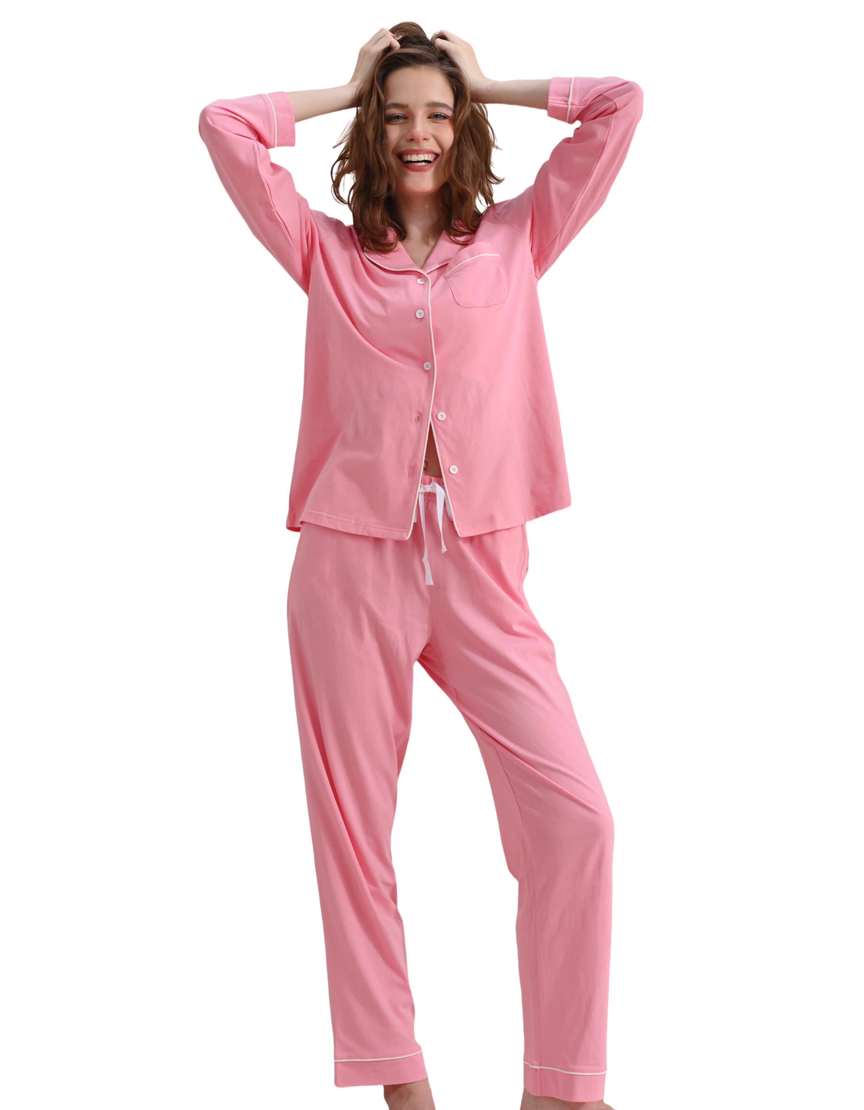 Blush pink solid women’s knit cotton pajama set front view on white background