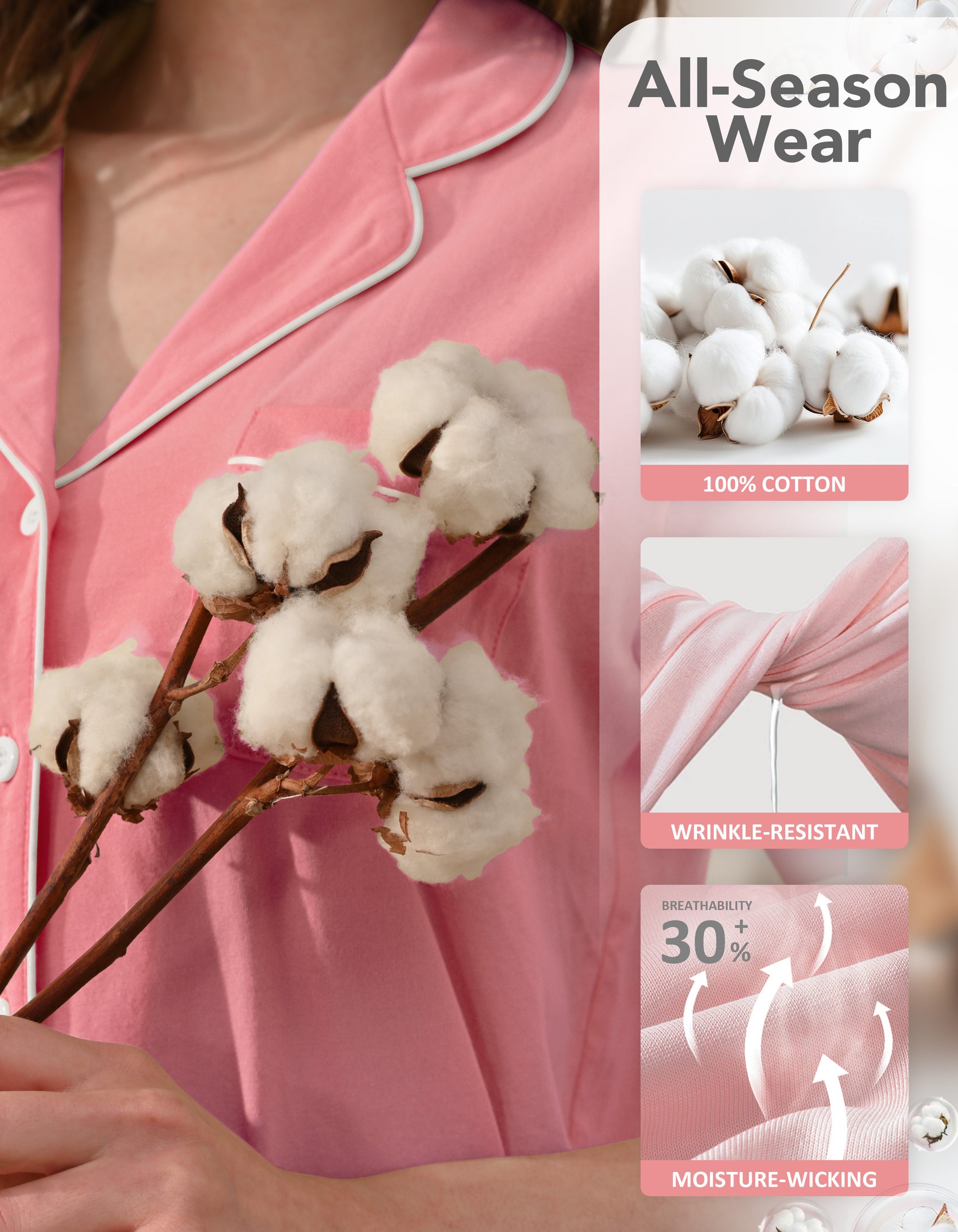 Close-up of blush pink knit cotton pajama fabric showing softness and breathability