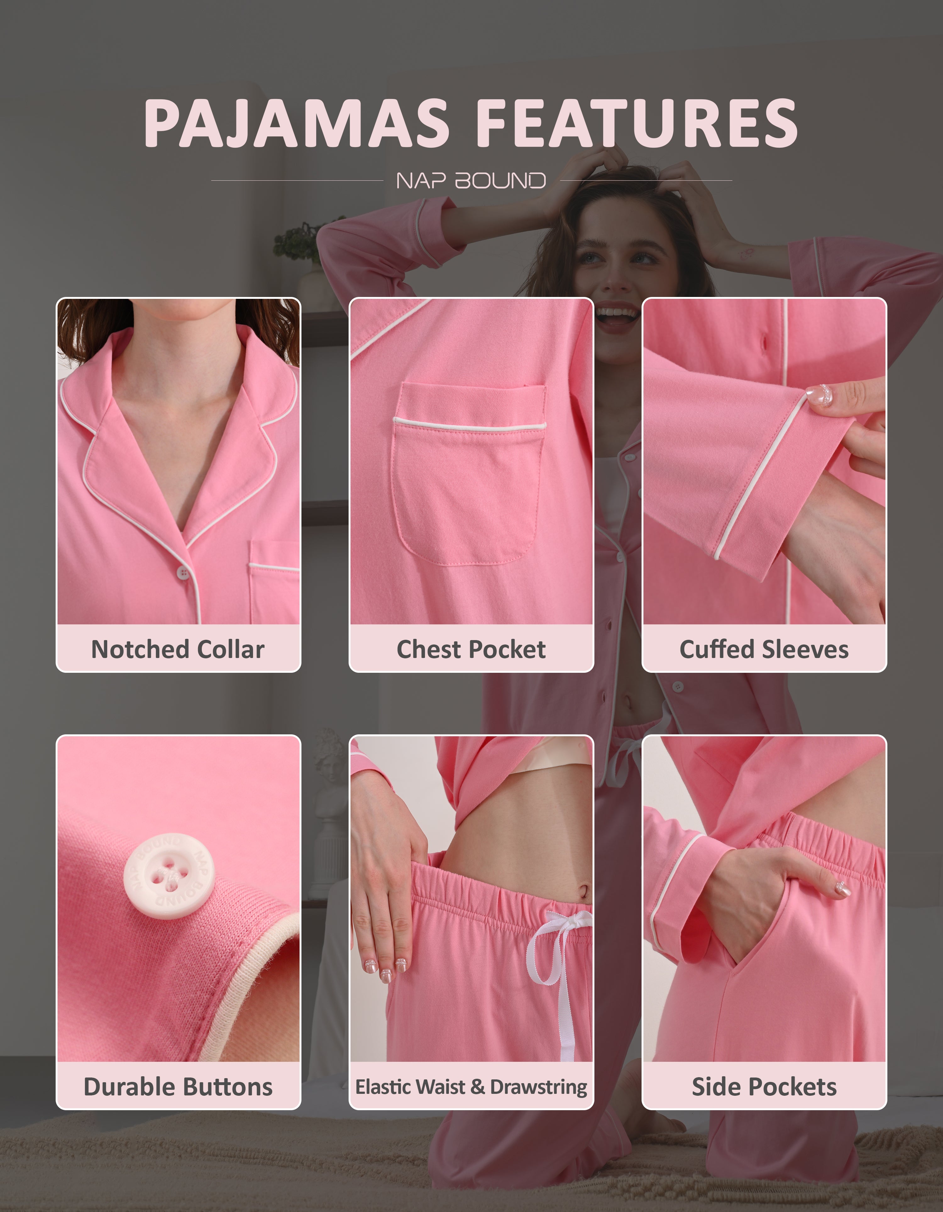 Design details of blush pink pajamas including notched collar, chest pocket, cuffed sleeves, and drawstring waist