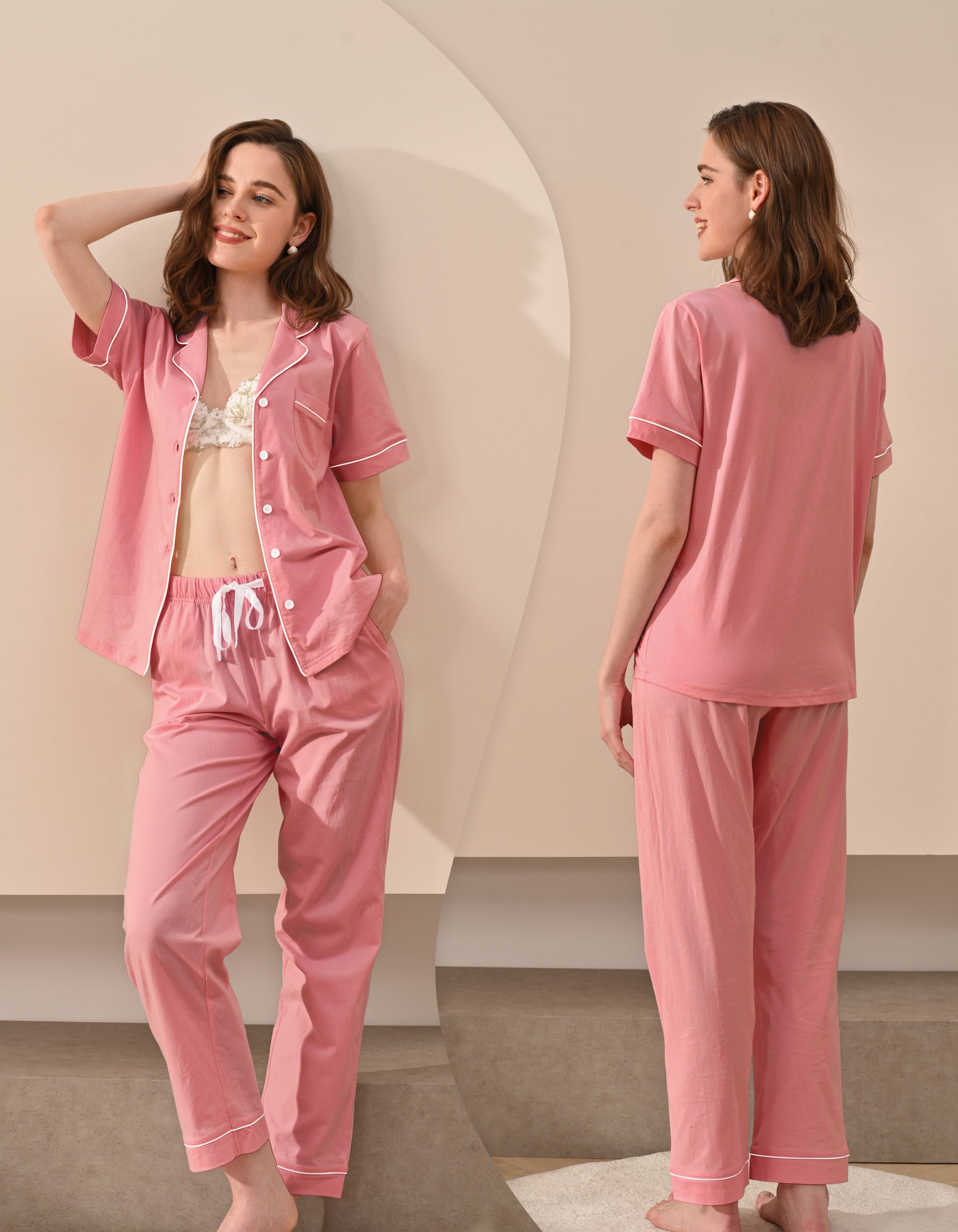 Front and back view comparison of blush pink women’s pajama set