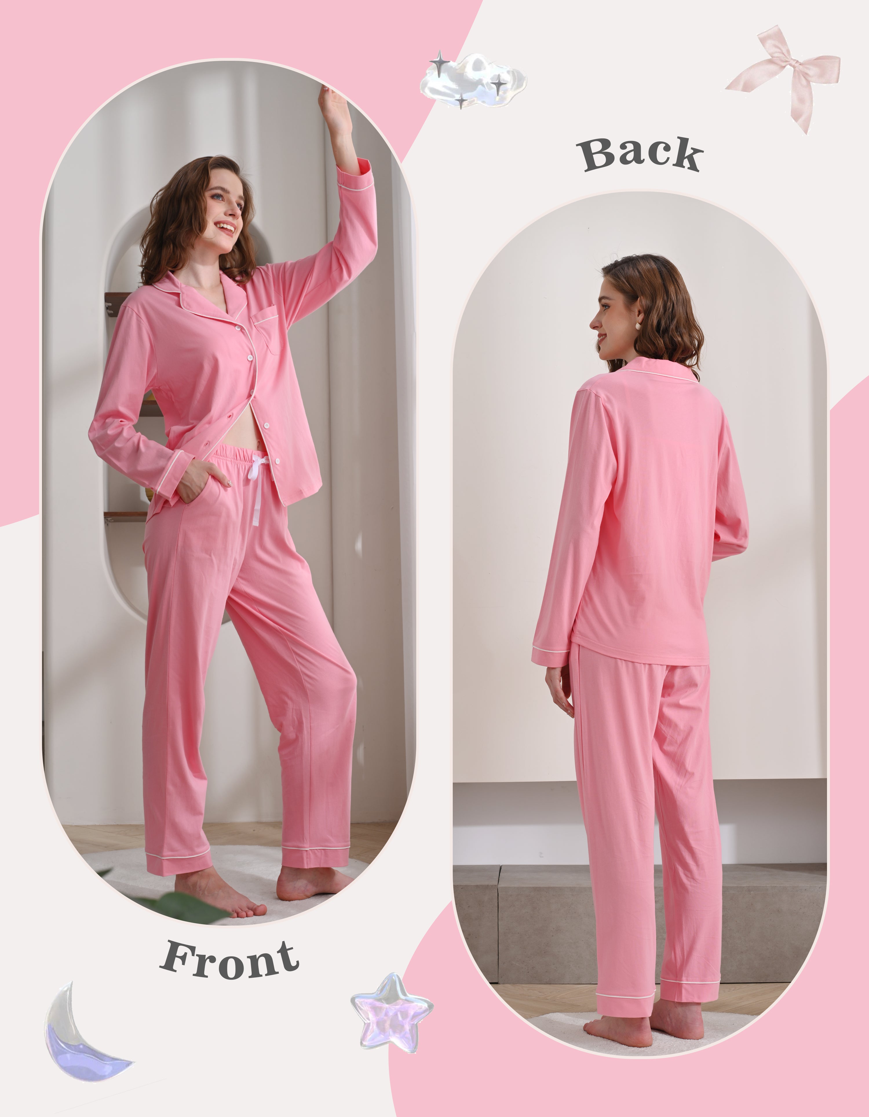 Front and back view comparison of blush pink women’s knit cotton pajama set