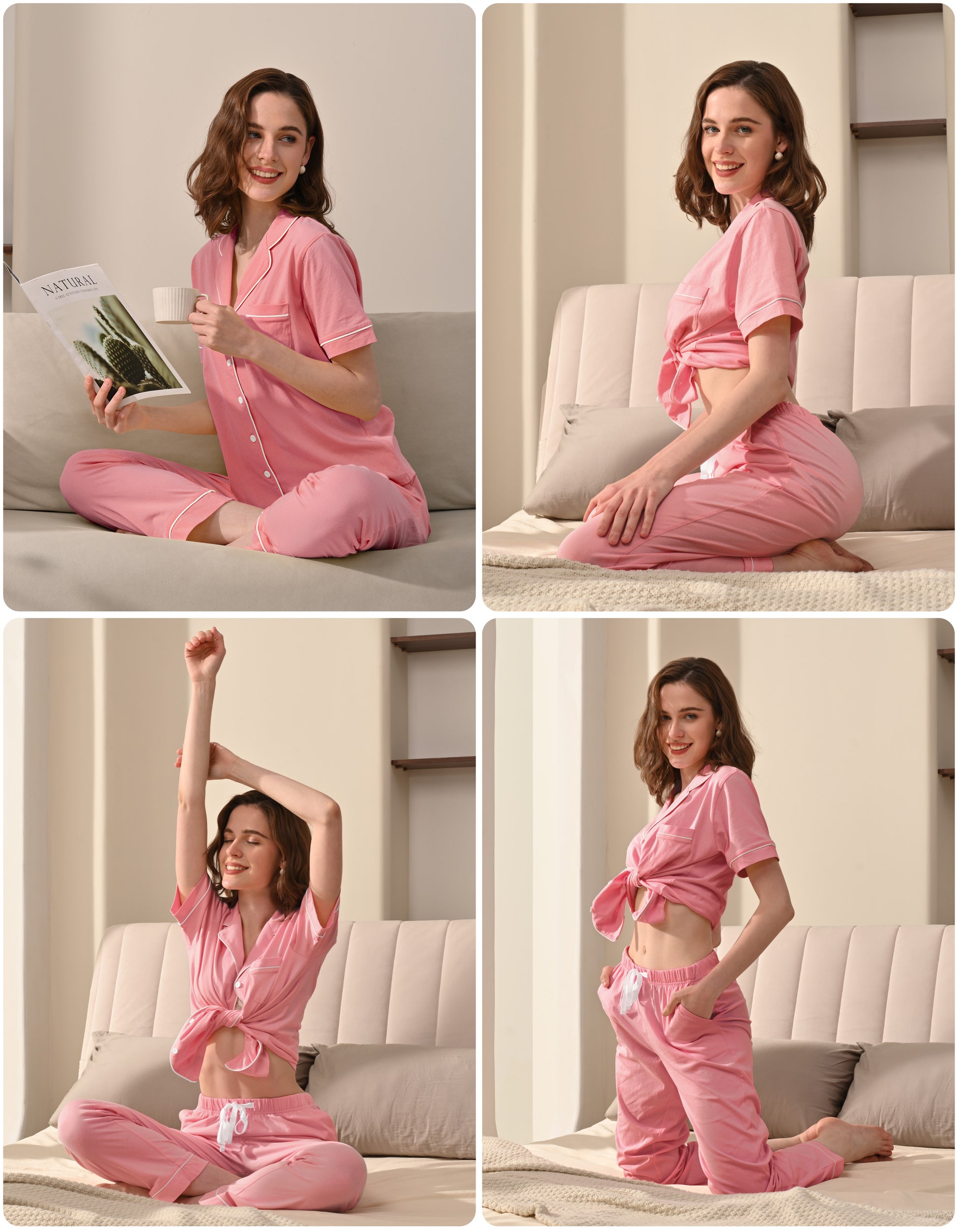 Model wearing blush pink knit cotton pajamas in cozy home and bedroom scenes