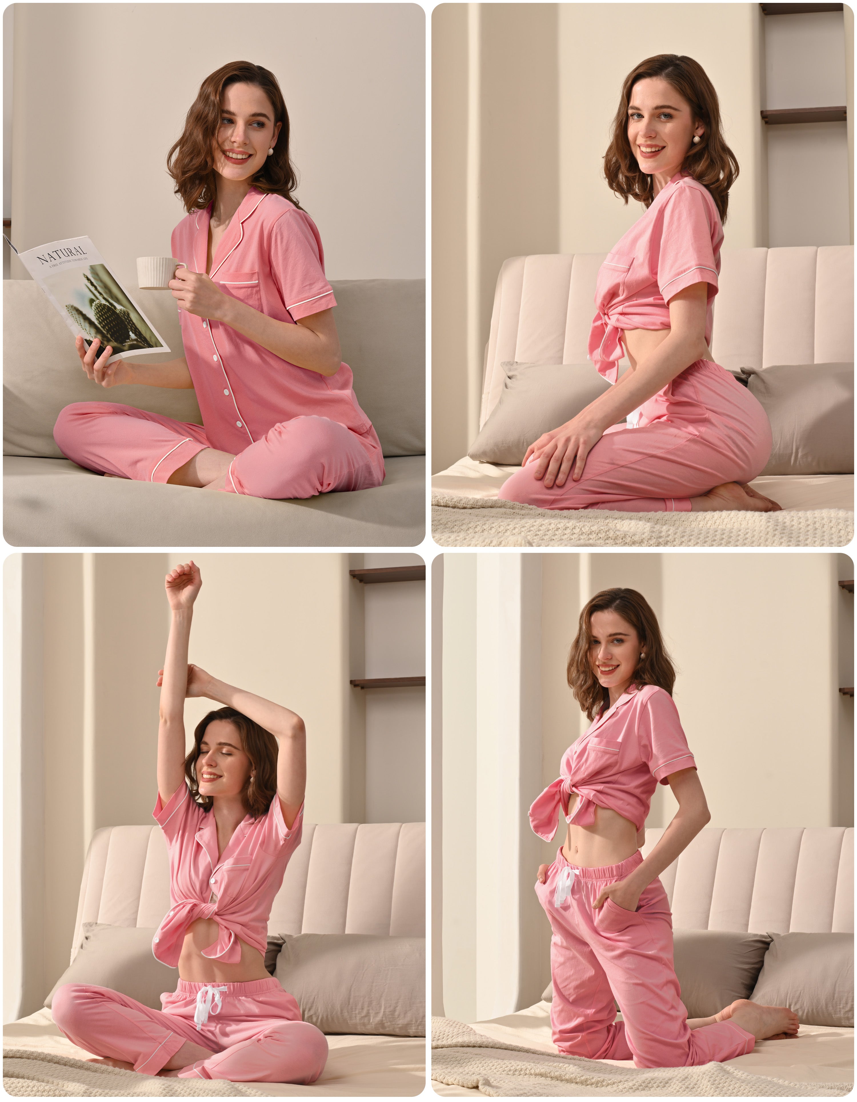 Model wearing blush pink knit cotton pajamas in cozy home and bedroom scenes