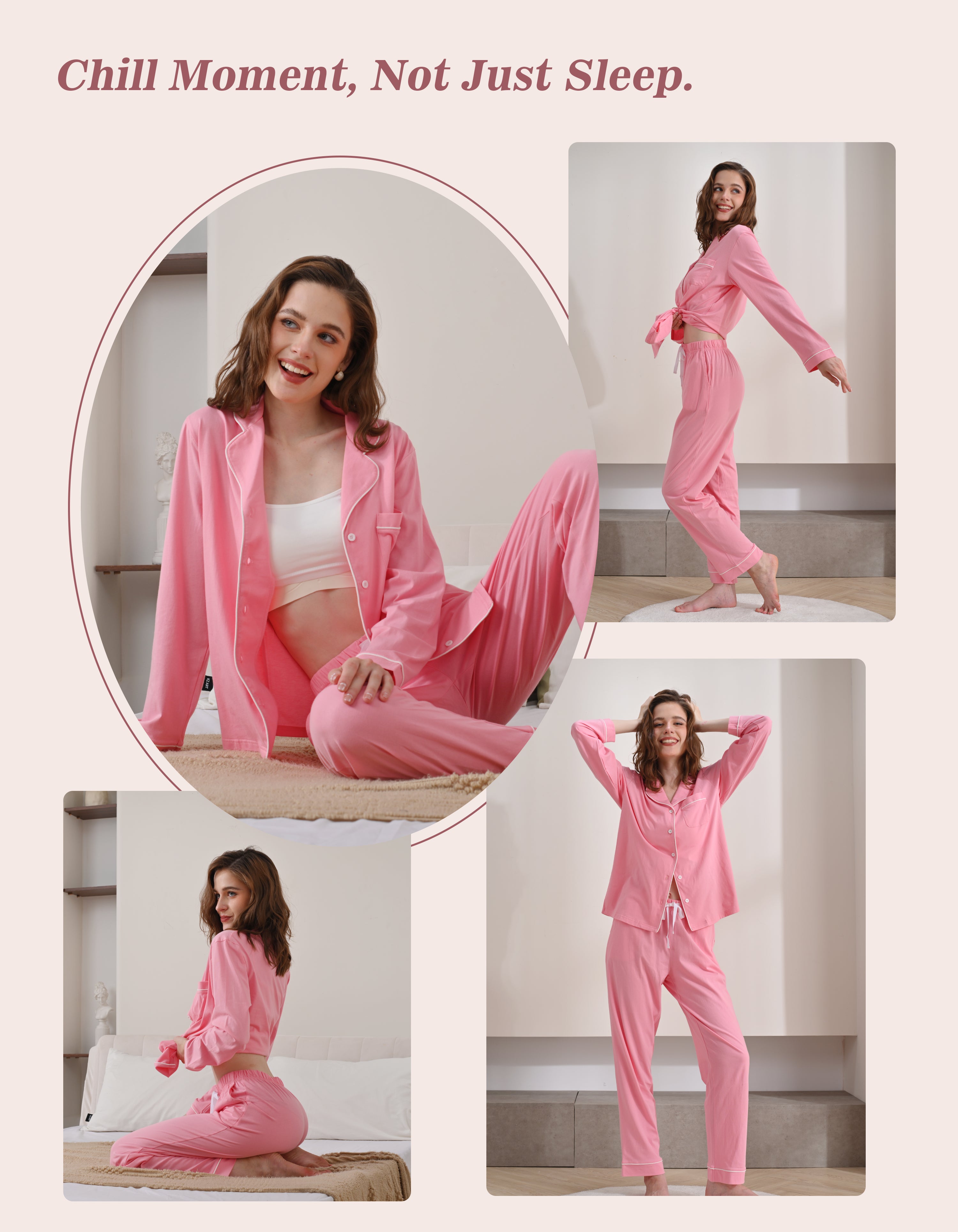 Model wearing blush pink knit cotton pajamas in cozy home and relaxing scenes