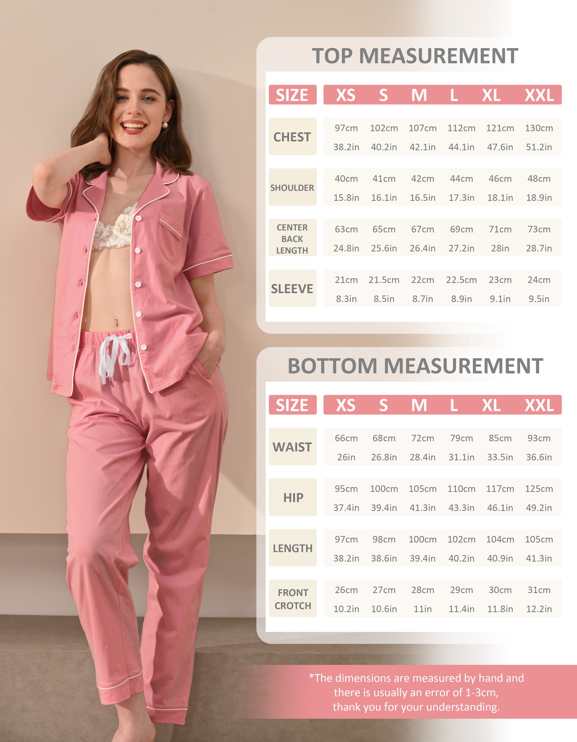 Size chart for women’s blush pink knit cotton pajama set top and pants