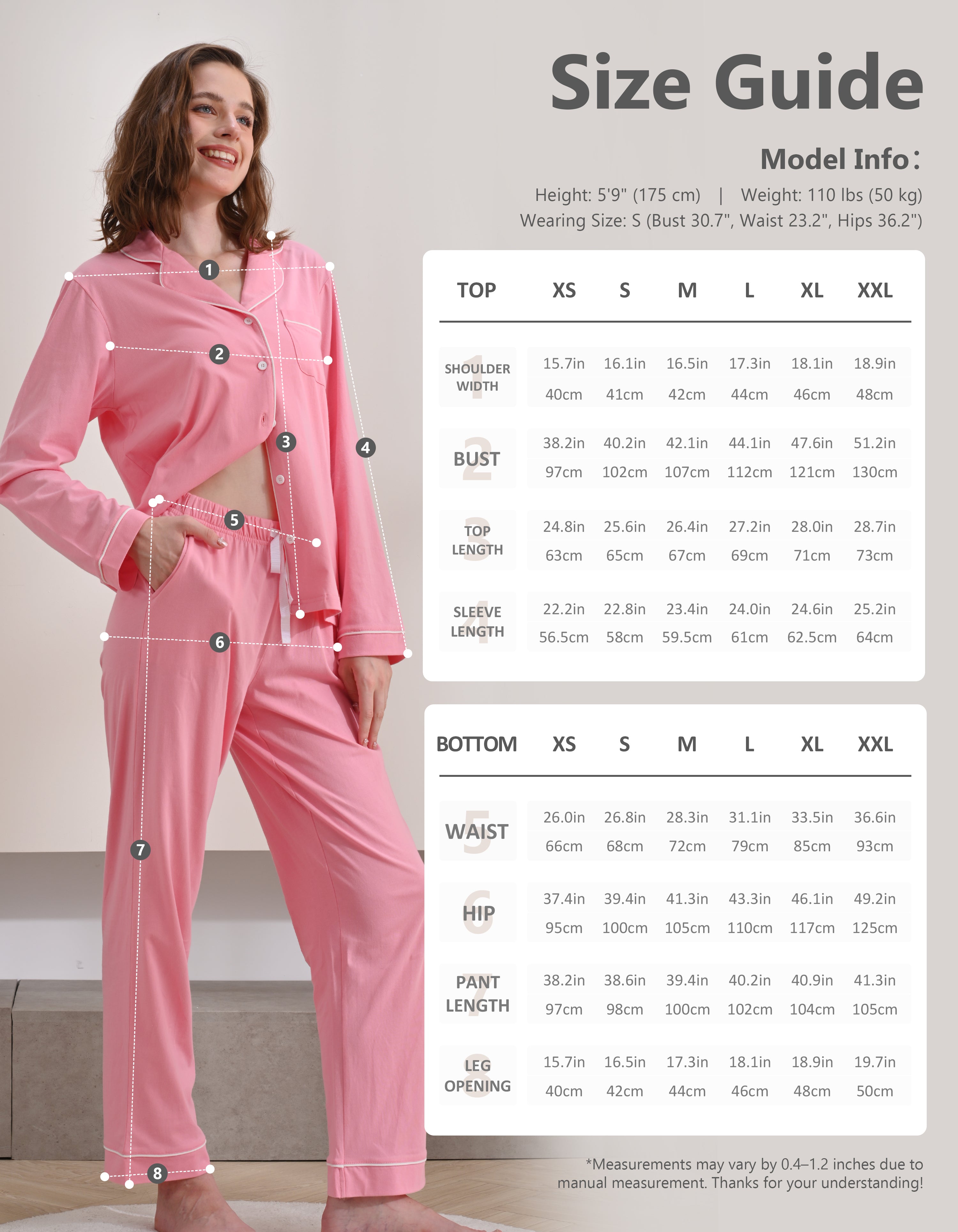 Size chart for women’s blush pink knit cotton pajama set top and pants