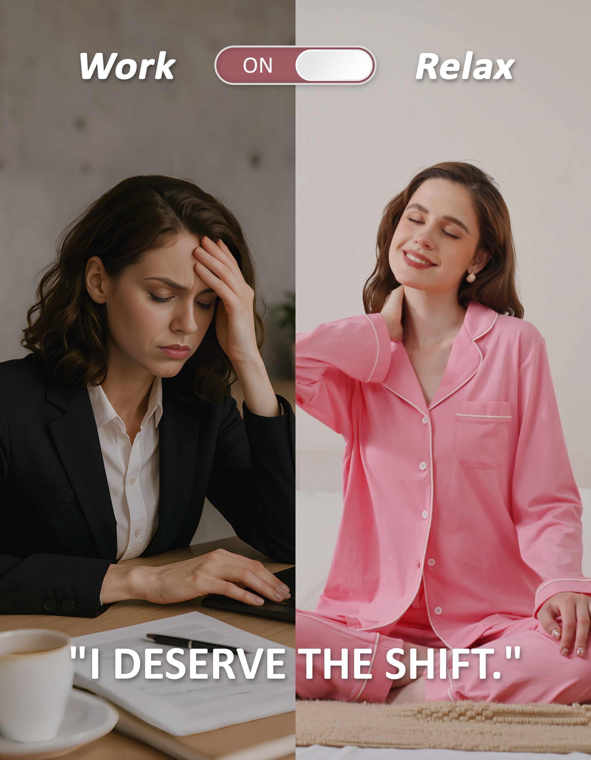 Work to relax lifestyle comparison showing women wearing blush pink knit cotton pajamas