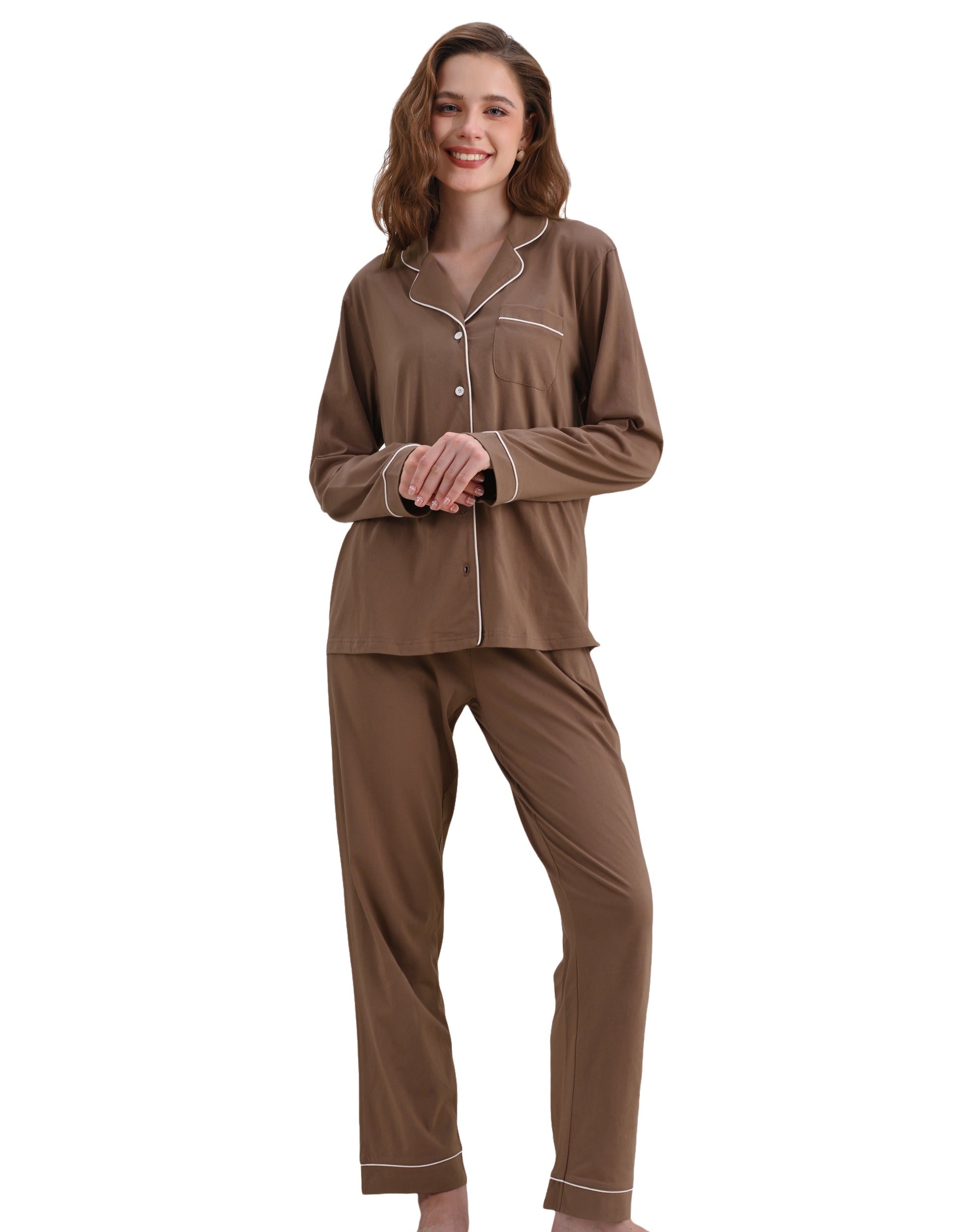Brown solid women’s knit cotton pajama set front view on white background