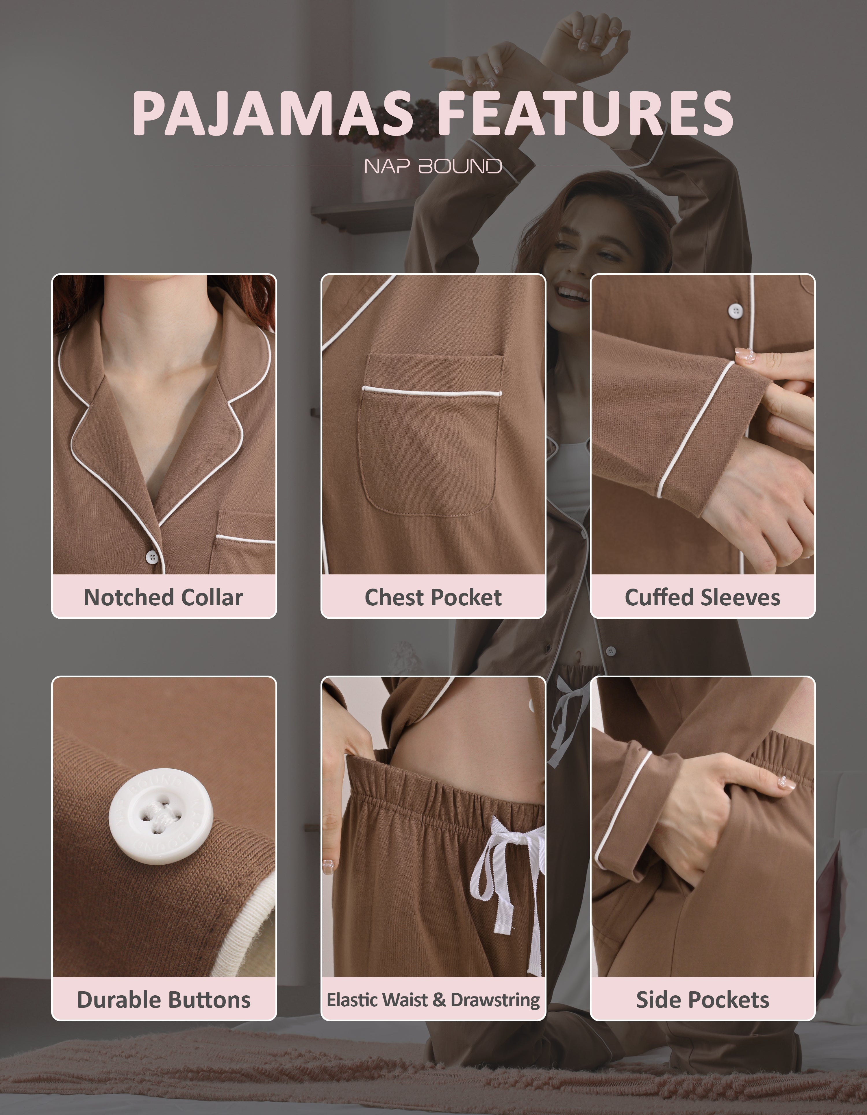Design details of brown pajamas including notched collar, chest pocket, cuffed sleeves, and drawstring waist