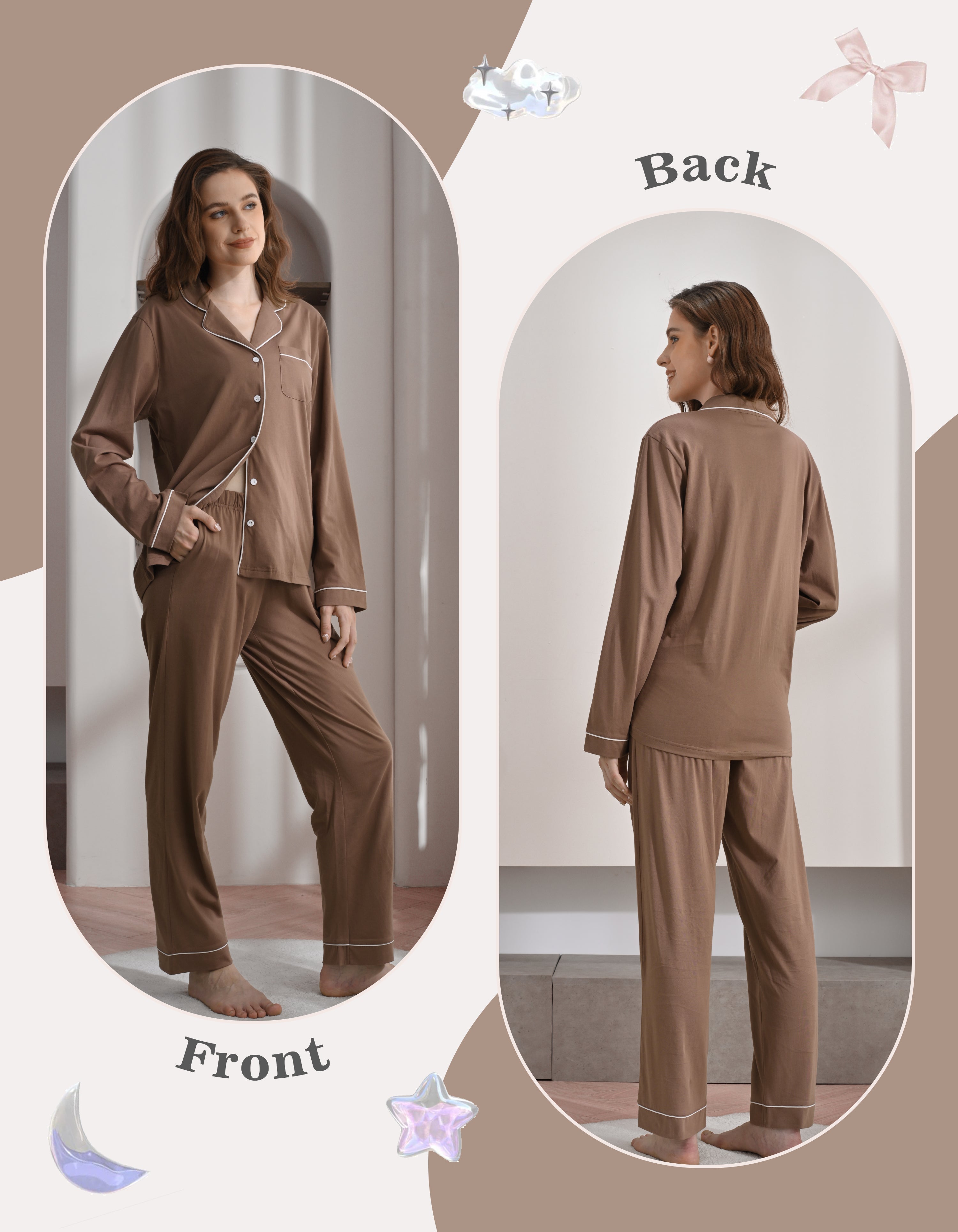 Front and back view comparison of brown women’s knit cotton pajama set
