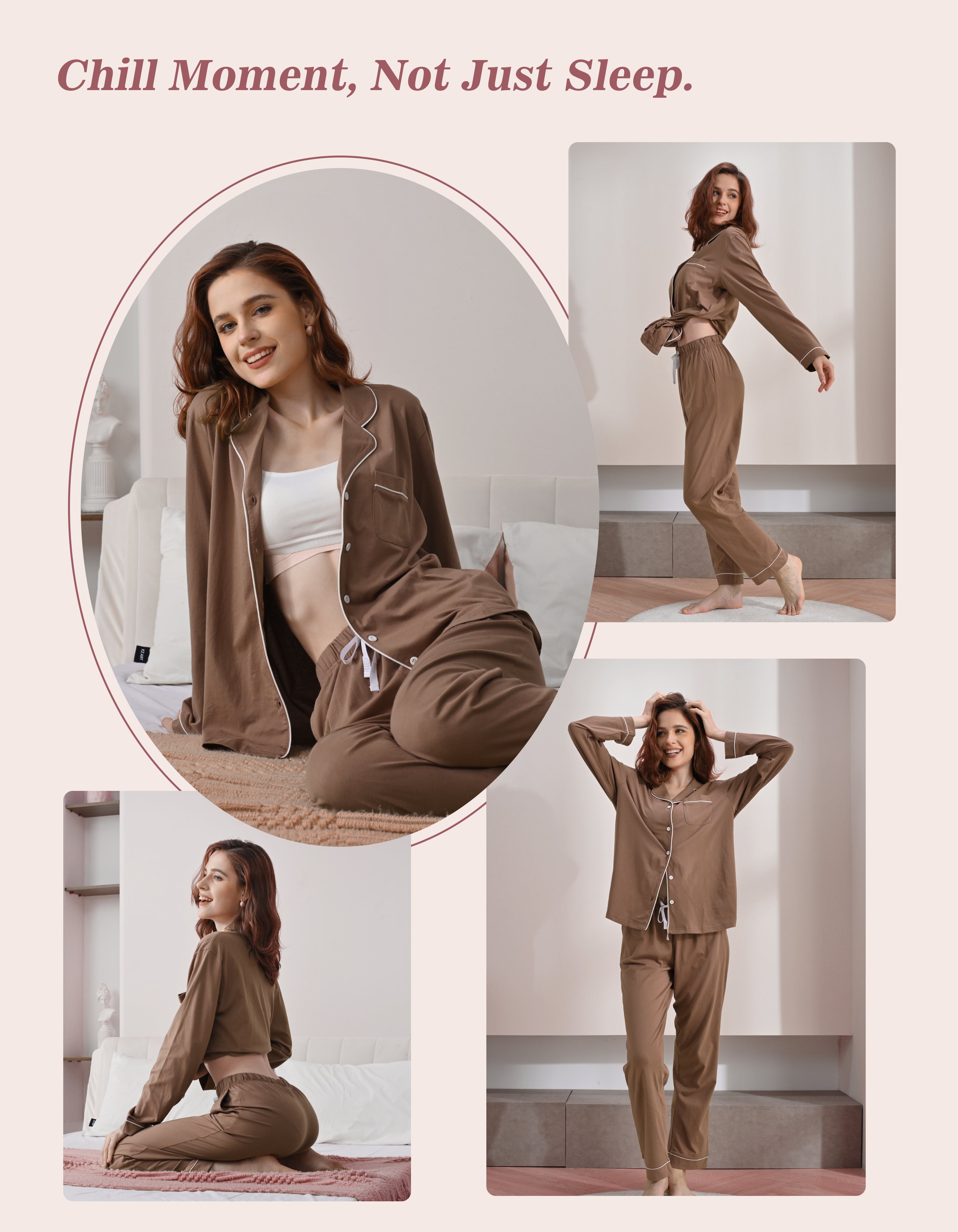 Model wearing brown knit cotton pajamas in cozy home and relaxing scenes