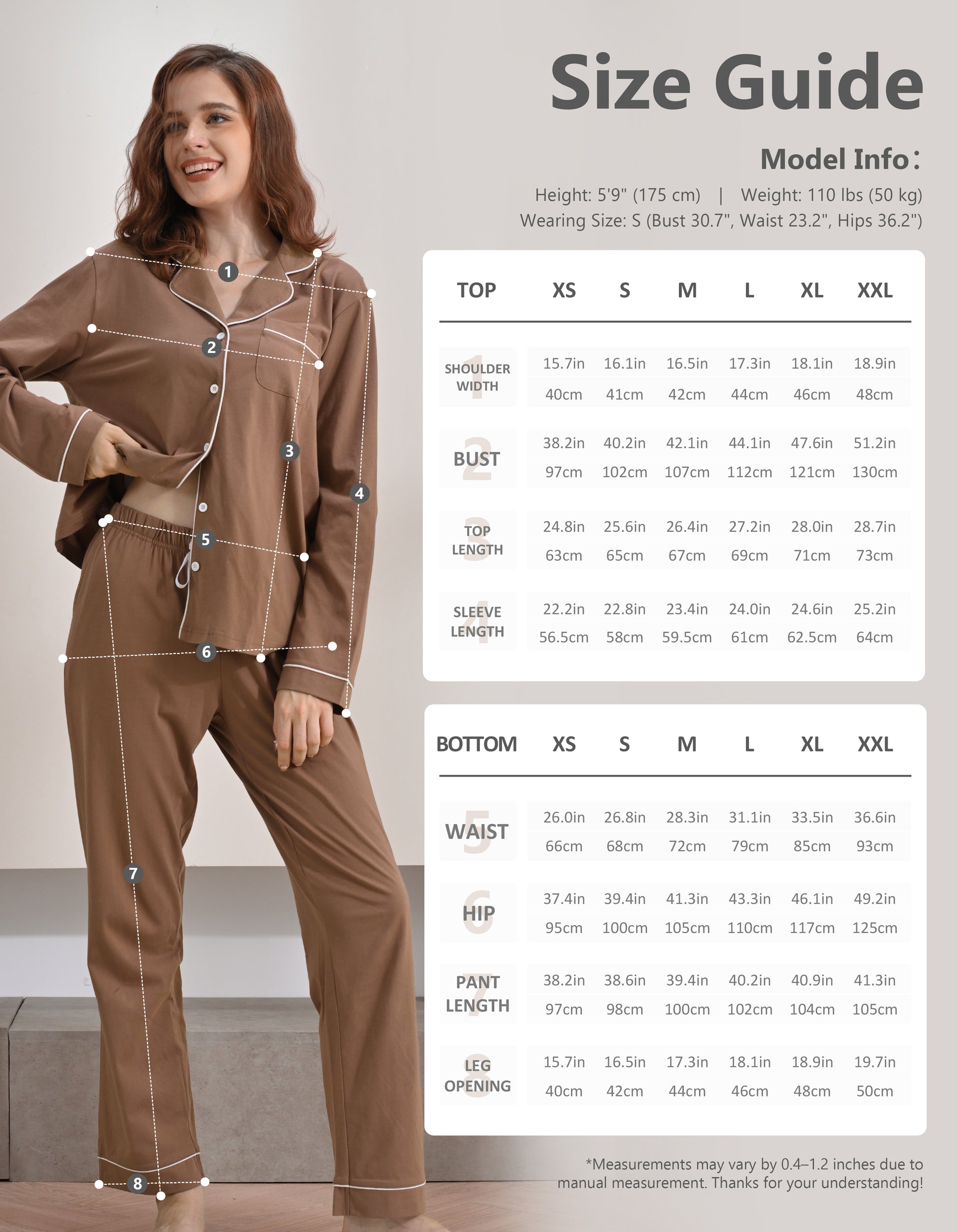 Size chart for women’s brown knit cotton pajama set top and pants
