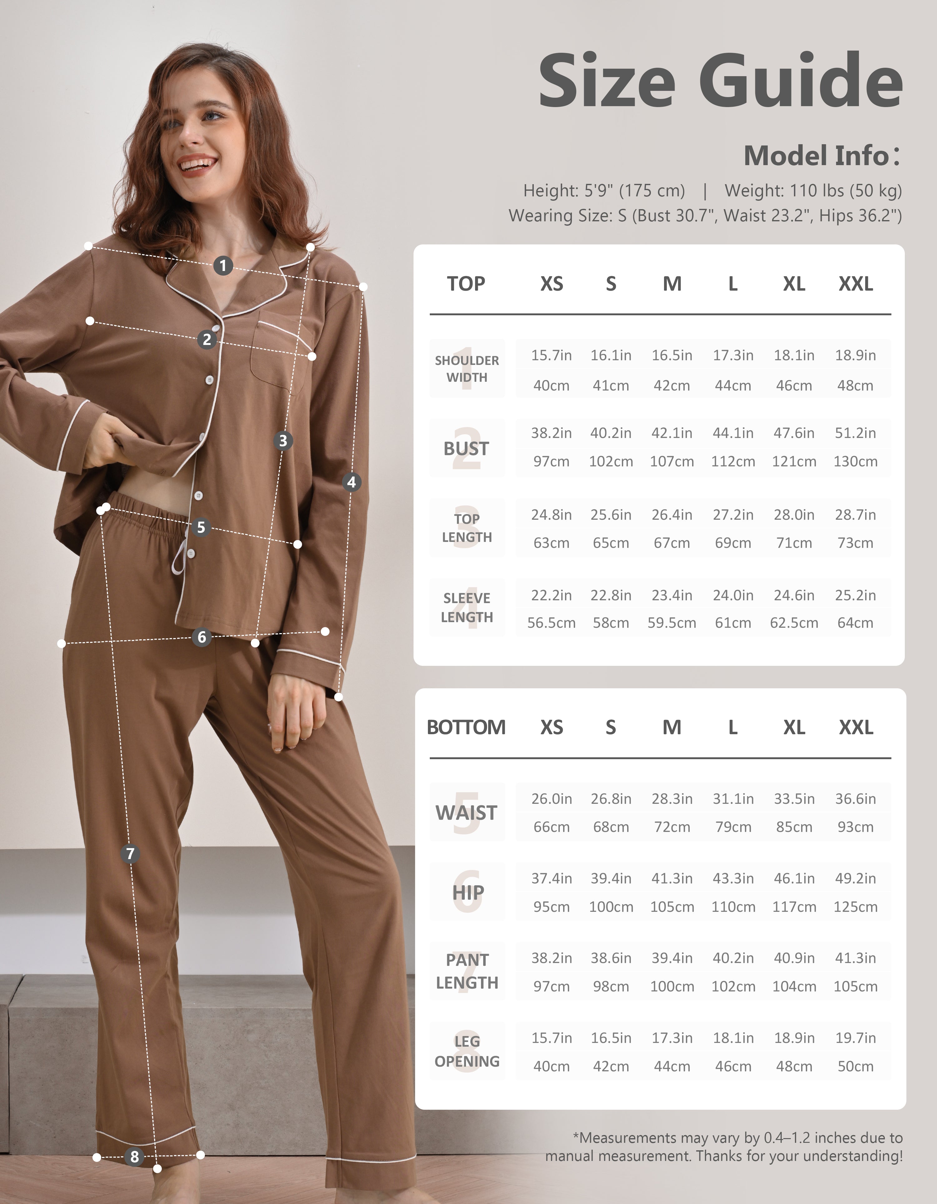Size chart for women’s brown knit cotton pajama set top and pants