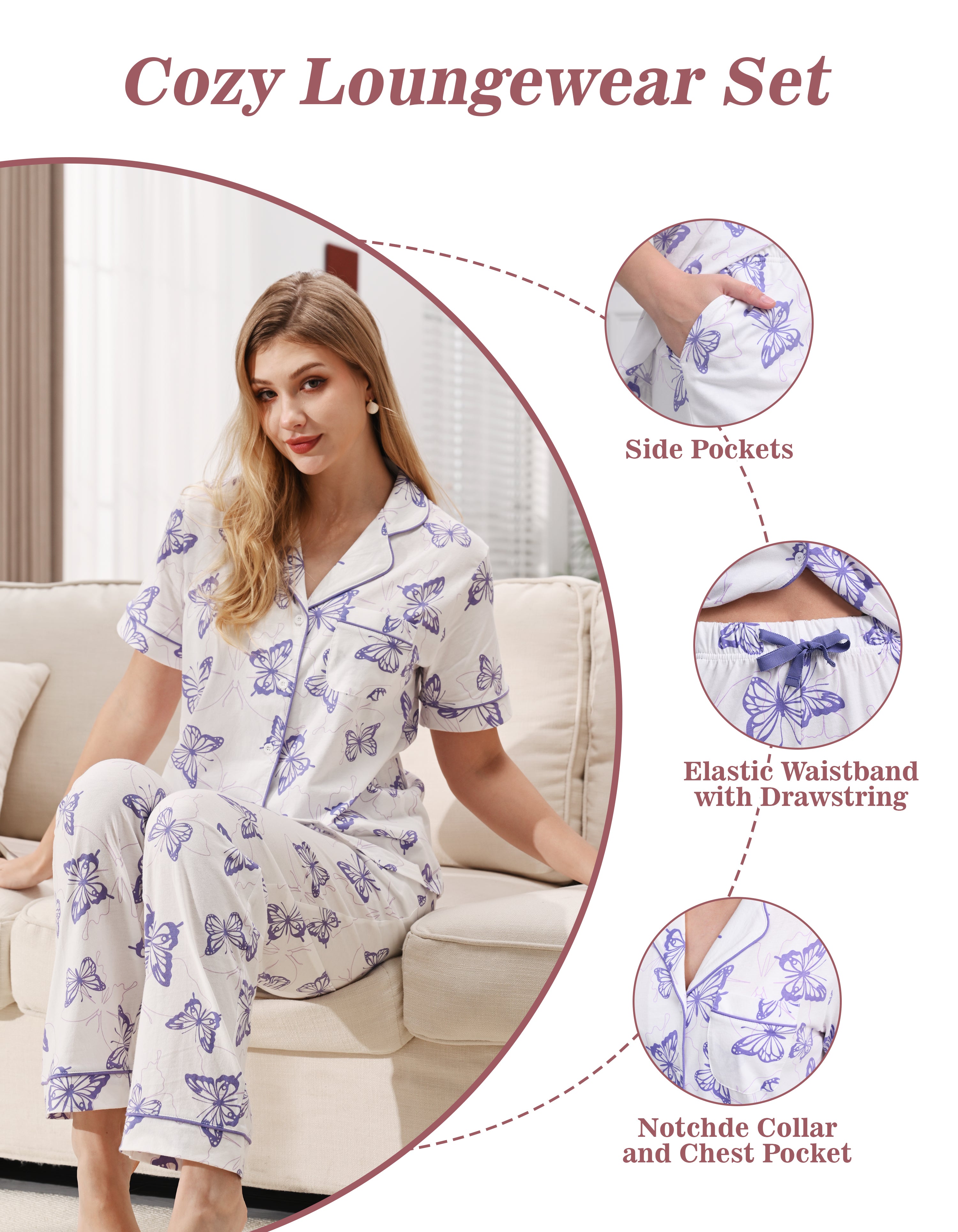 Purple butterfly pajama set with contrast piping elastic waistband and side pockets