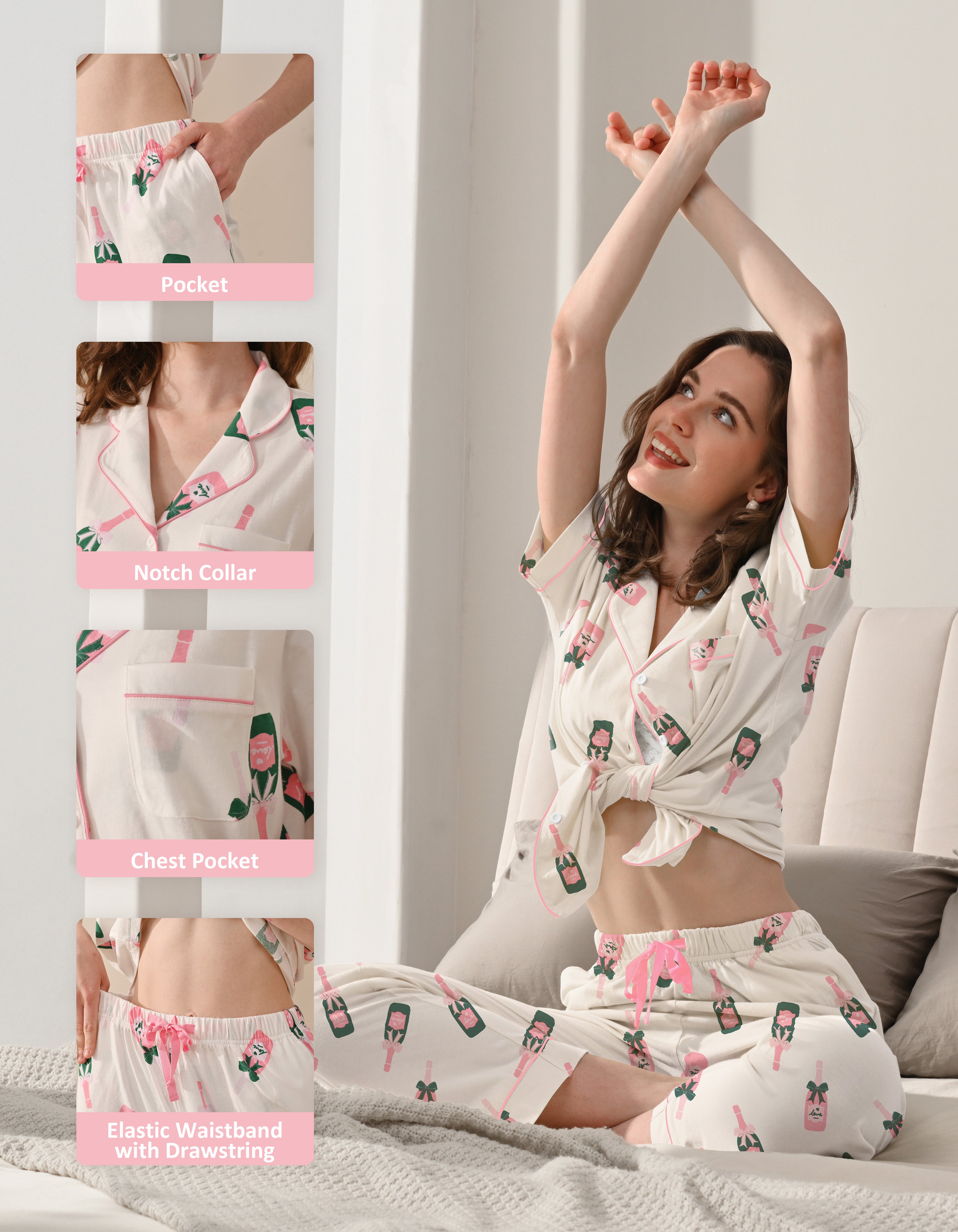Women’s 100% Cotton Printed Pajama Set – Champagne Bottle Pattern, Short Sleeve Button-Down Sleepwear with Pants