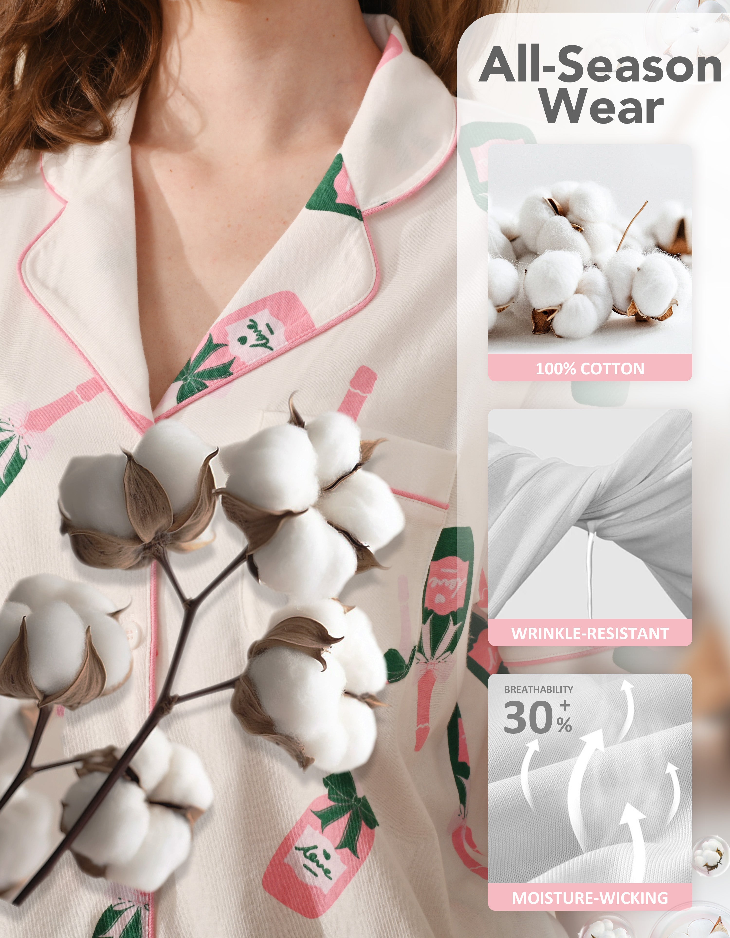 Women’s 100% Cotton Printed Pajama Set – Champagne Bottle Pattern, Short Sleeve Button-Down Sleepwear with Pants