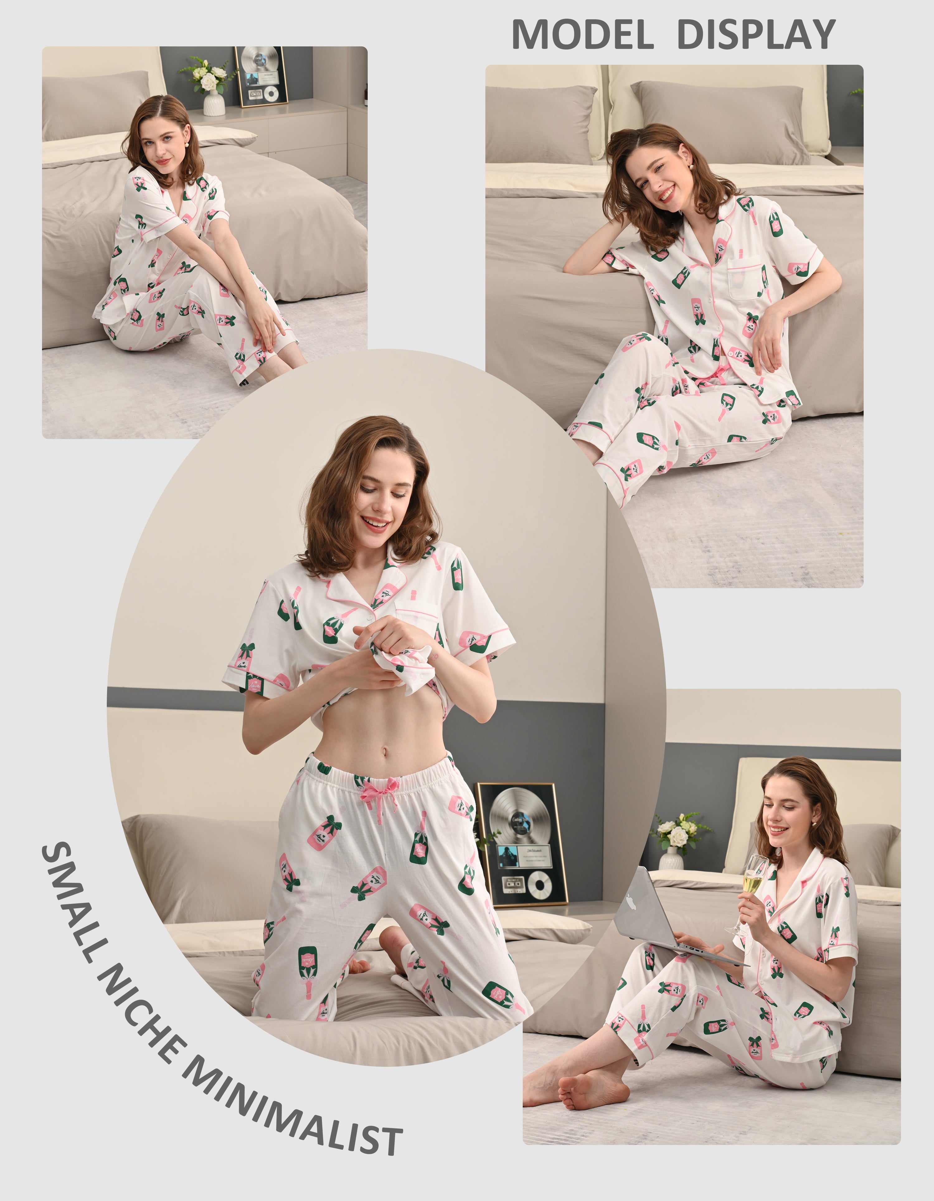 Women’s 100% Cotton Printed Pajama Set – Champagne Bottle Pattern, Short Sleeve Button-Down Sleepwear with Pants