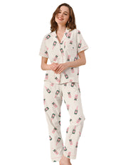 Women’s 100% Cotton Printed Pajama Set – Champagne Bottle Pattern, Short Sleeve Button-Down Sleepwear with Pants
