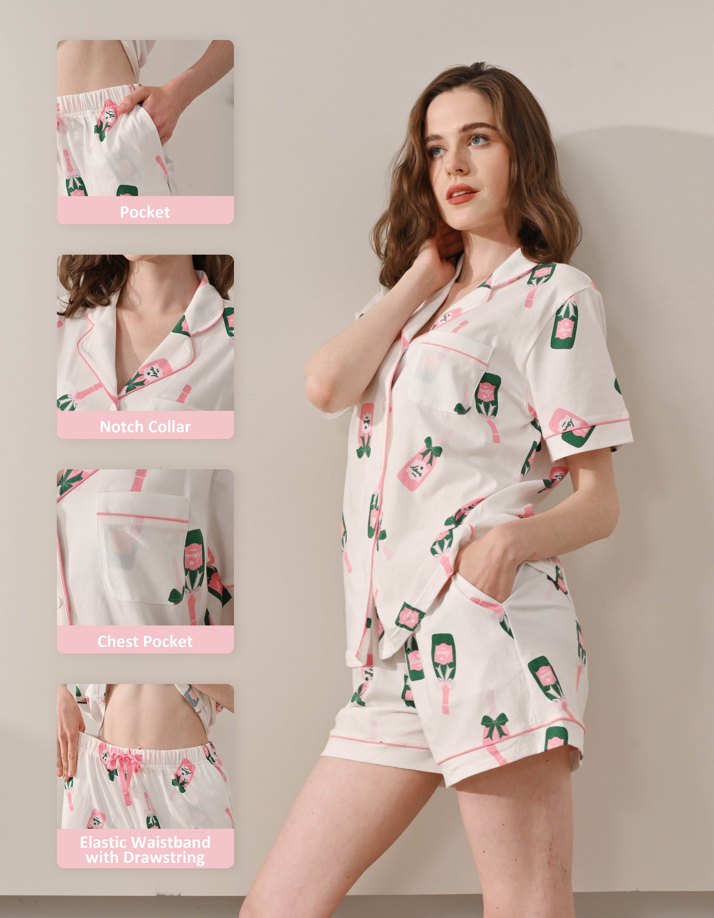 Design details of champagne bottle print pajamas including notch collar, chest pocket, and drawstring waistband