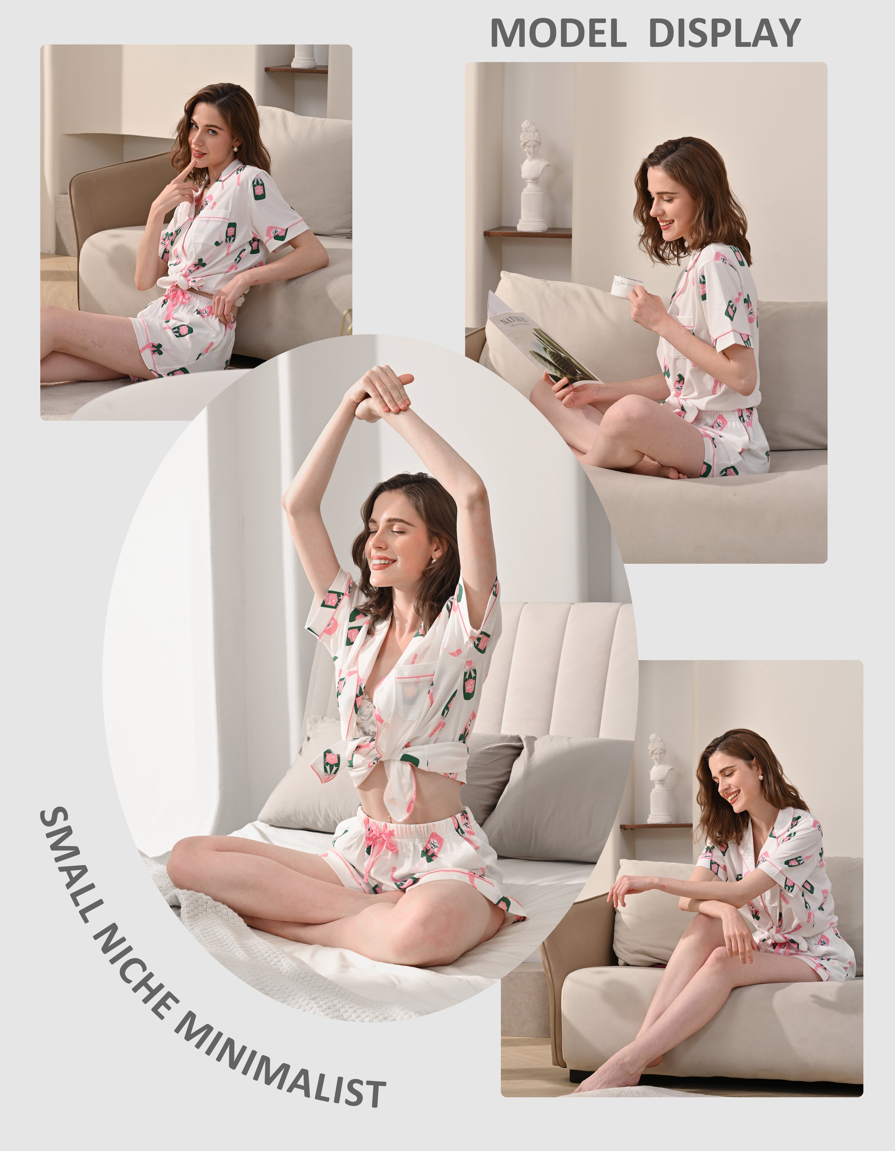 Model wearing champagne bottle print knit cotton pajamas in cozy home and living room scenes