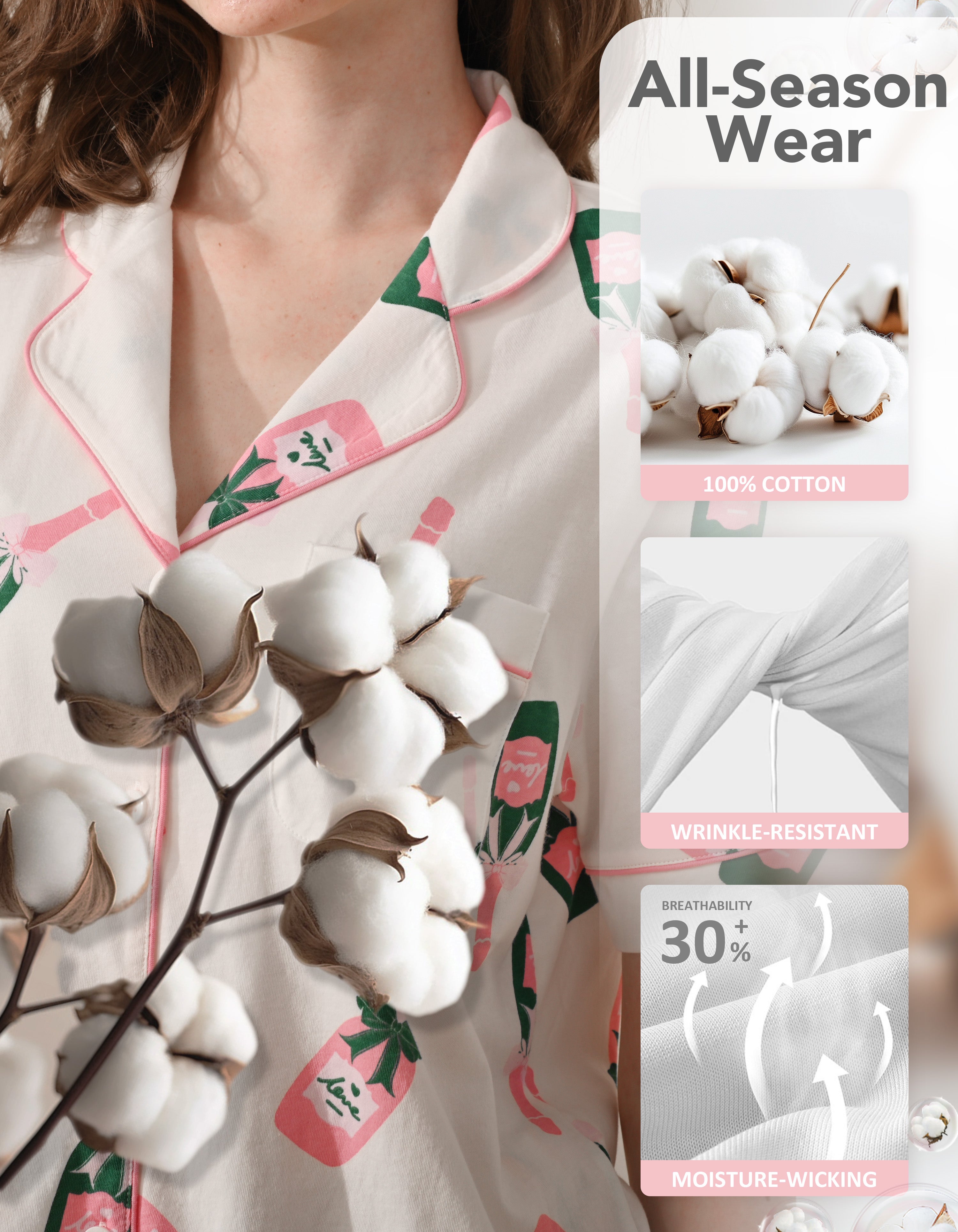 Close-up of champagne bottle print knit cotton pajama fabric showing softness and breathability