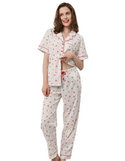 Cherry print women’s cotton pajama set front view on white background