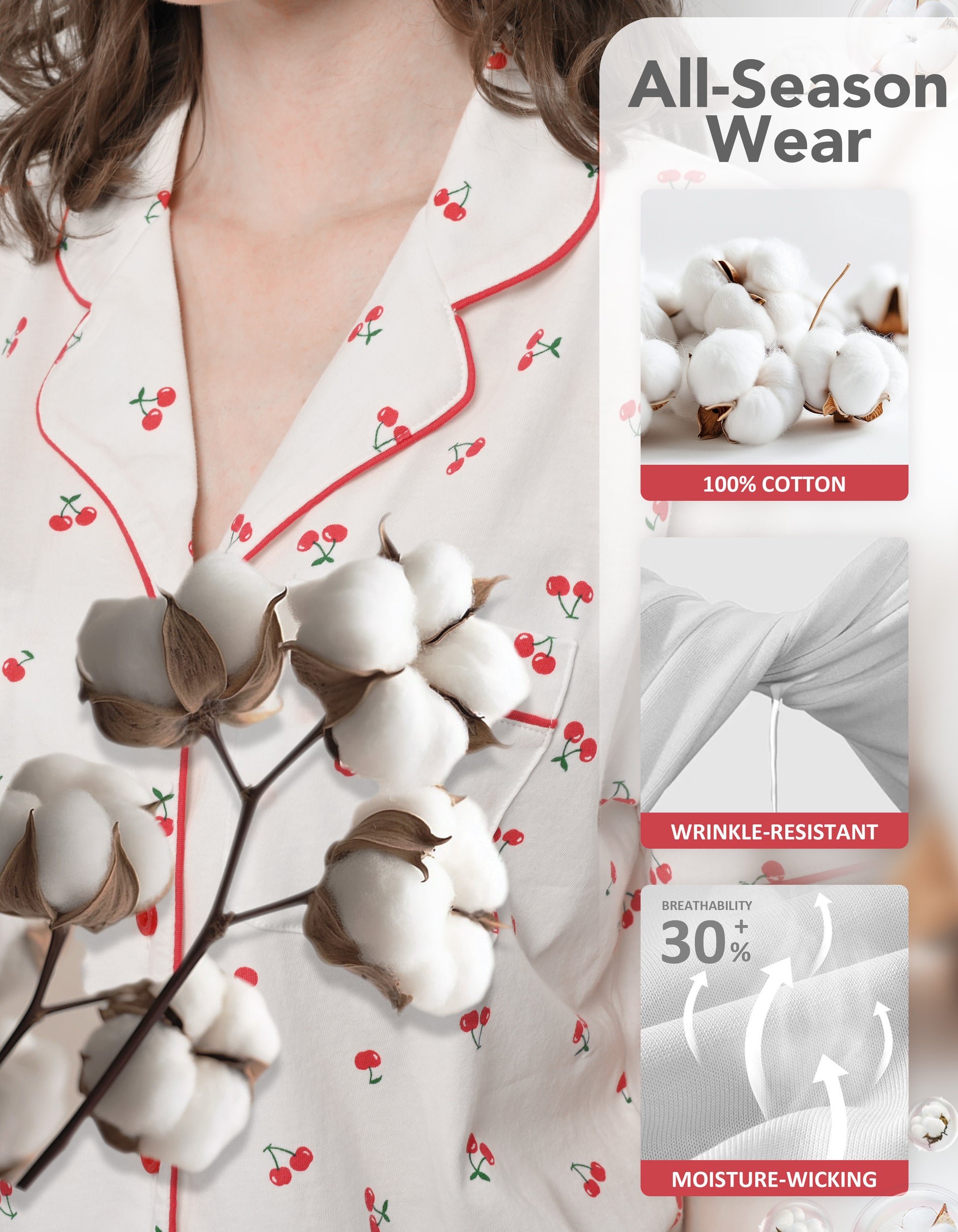Close-up of cherry print cotton pajama fabric showing breathability and softness