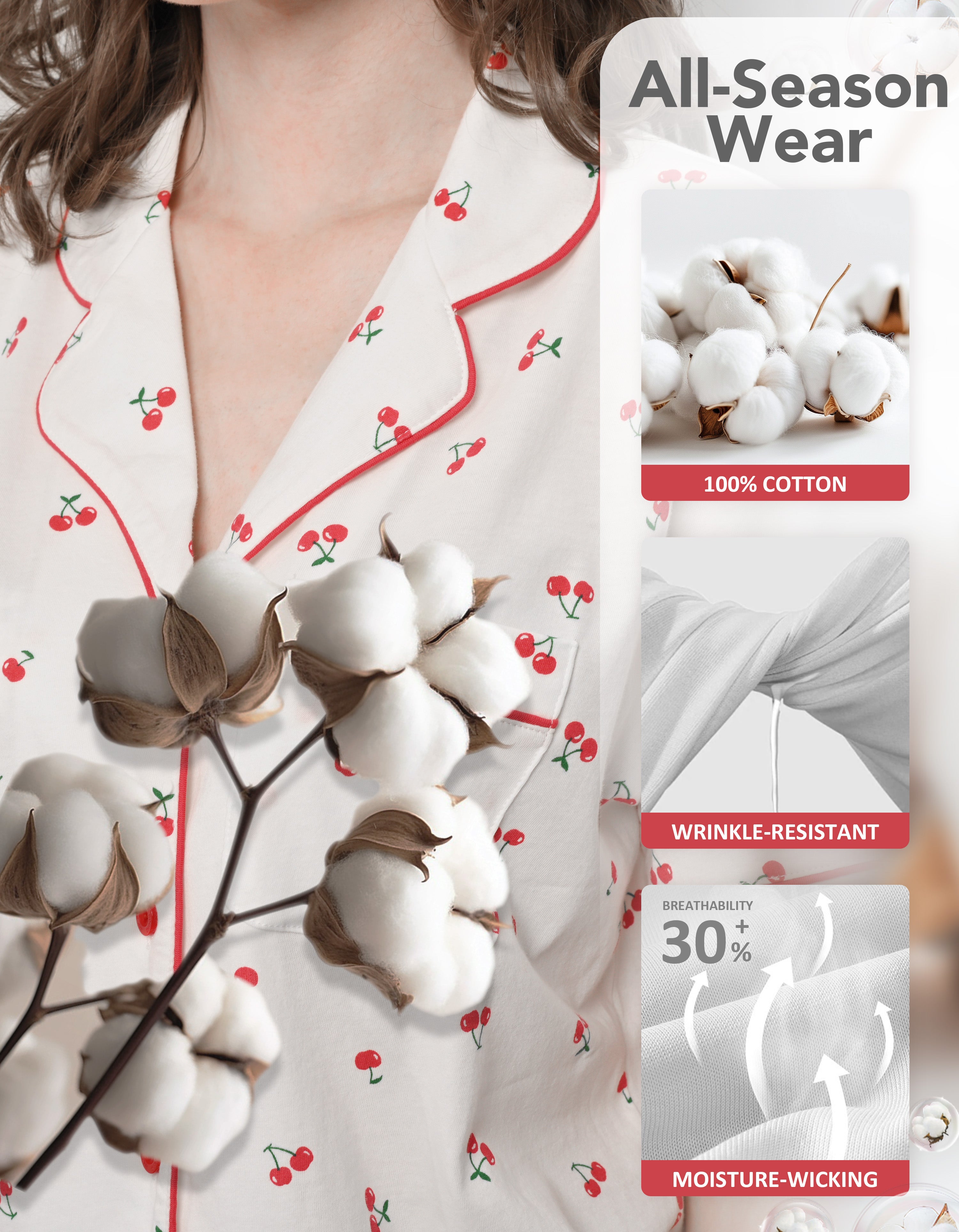 Close-up of cherry print cotton pajama fabric showing breathability and softness
