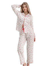 Cherry print women’s knit cotton pajama set front view on white background
