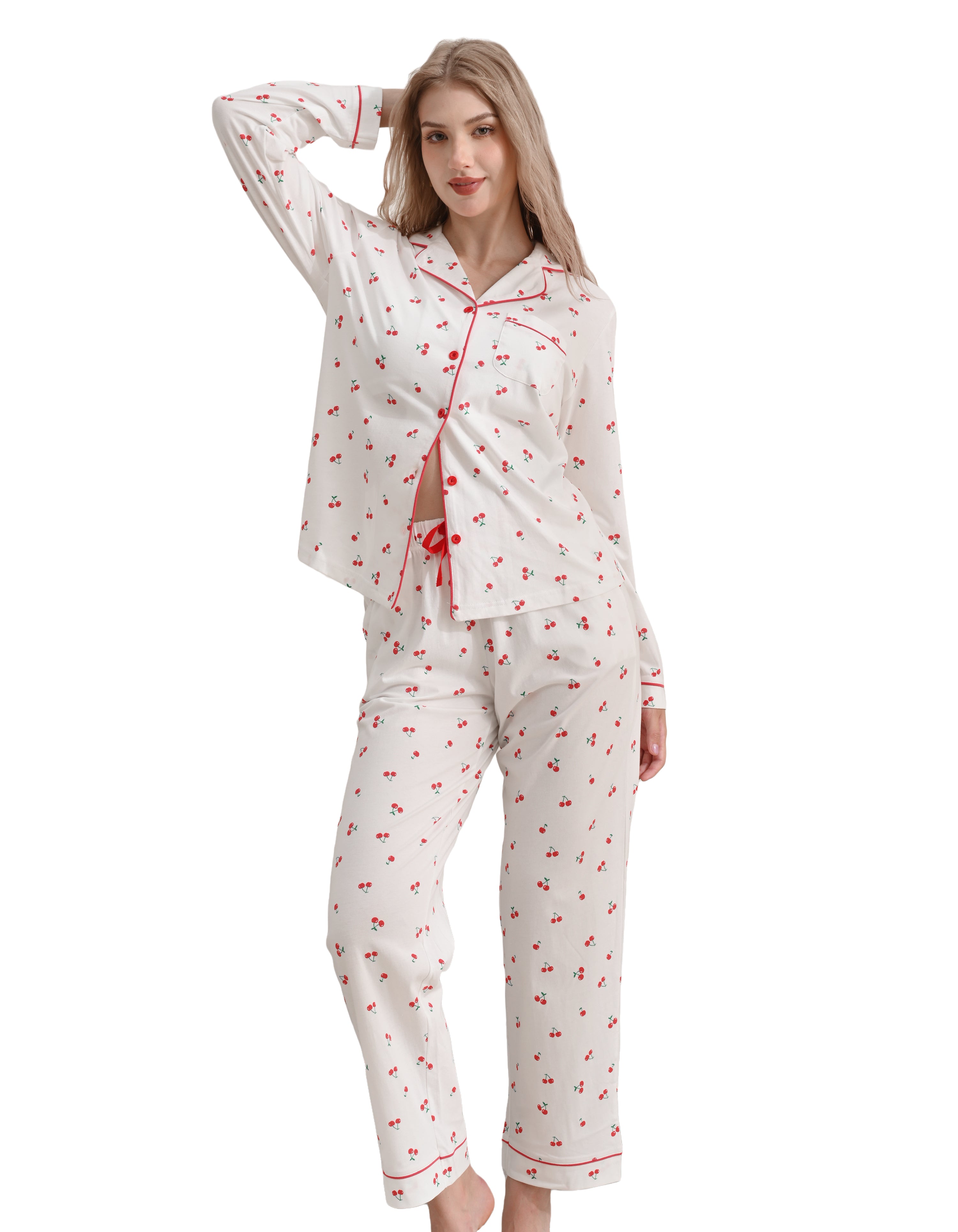 Cherry print women’s knit cotton pajama set front view on white background