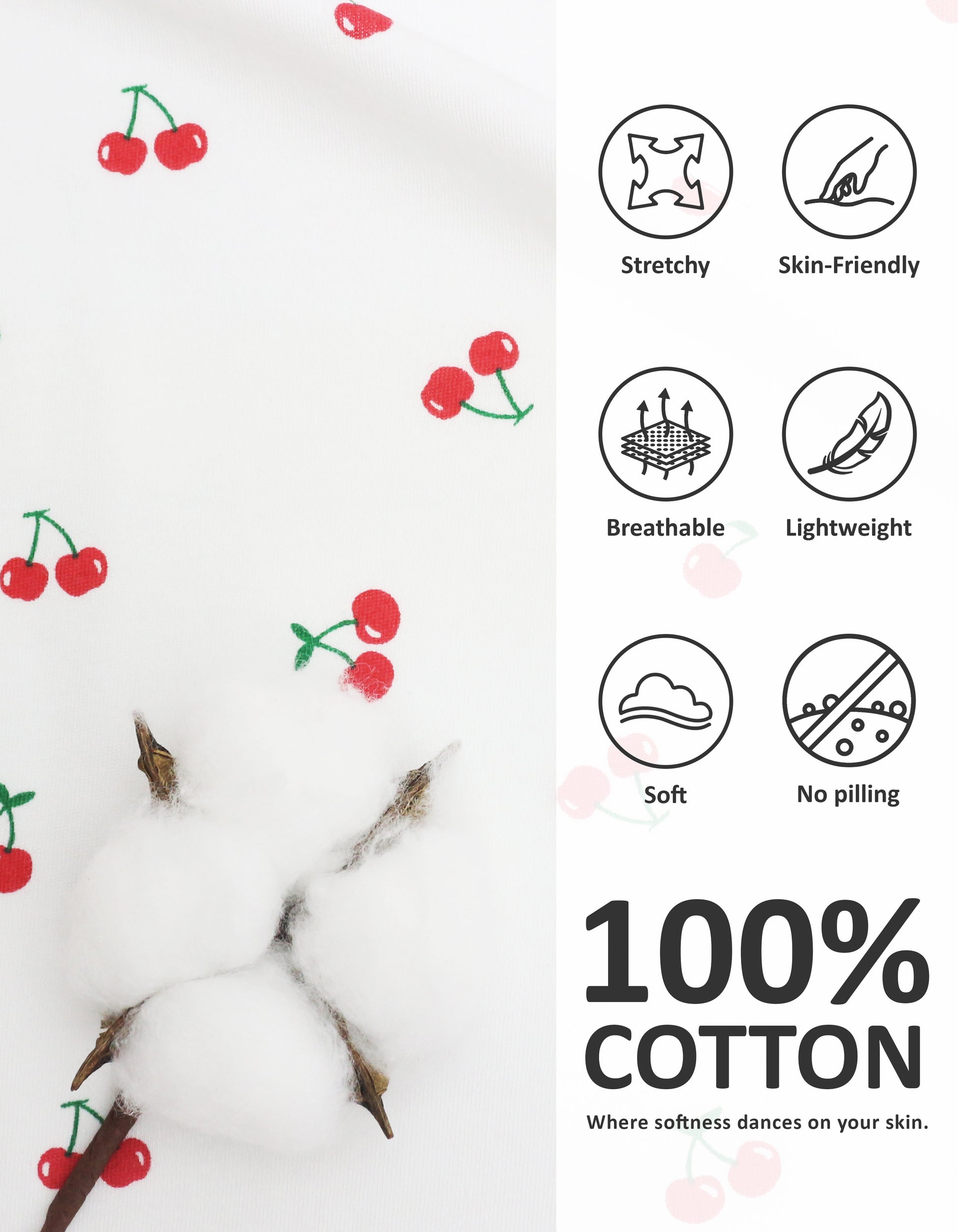 Close-up of cherry print knit cotton pajama fabric showing softness and breathability