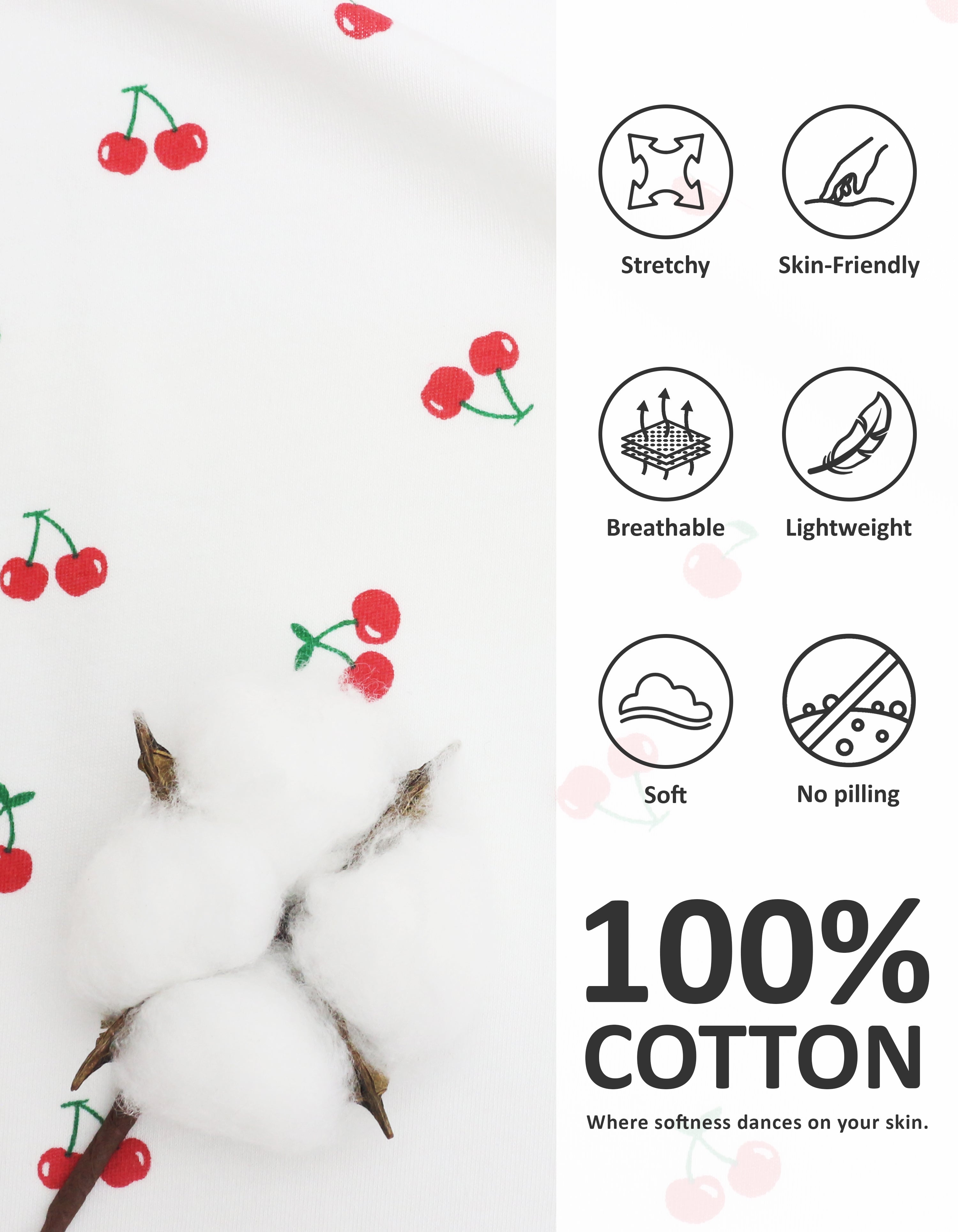 Close-up of cherry print knit cotton pajama fabric showing softness and breathability